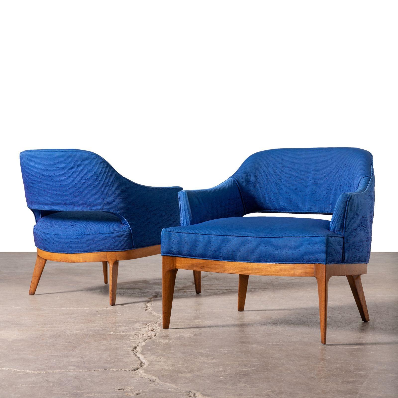 American Erwin Lambeth Open Back Lounge Chairs in Raw Blue Silk with Walnut Frames 1960s For Sale