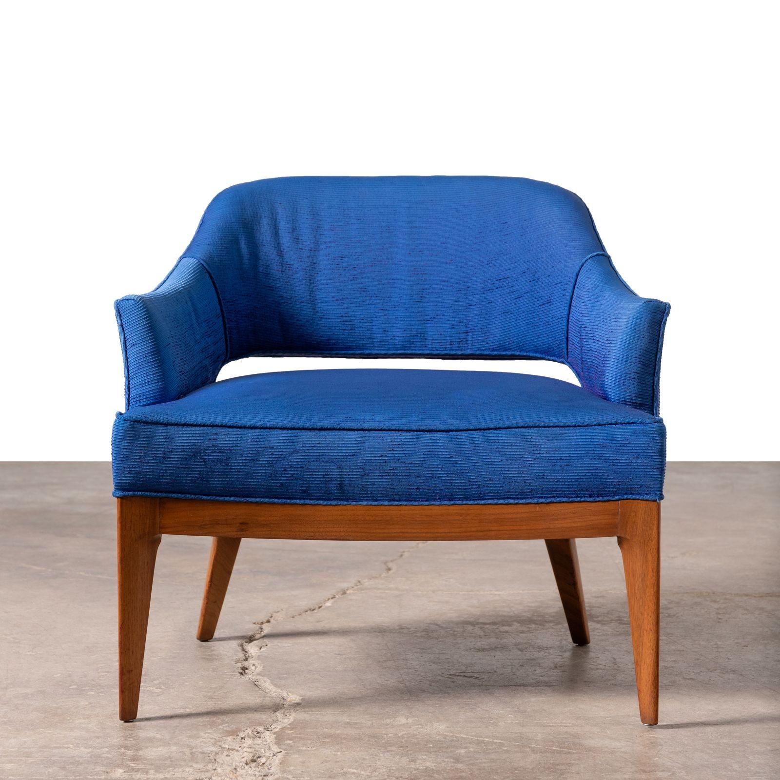 Erwin Lambeth Open Back Lounge Chairs in Raw Blue Silk with Walnut Frames 1960s In Good Condition For Sale In Dallas, TX