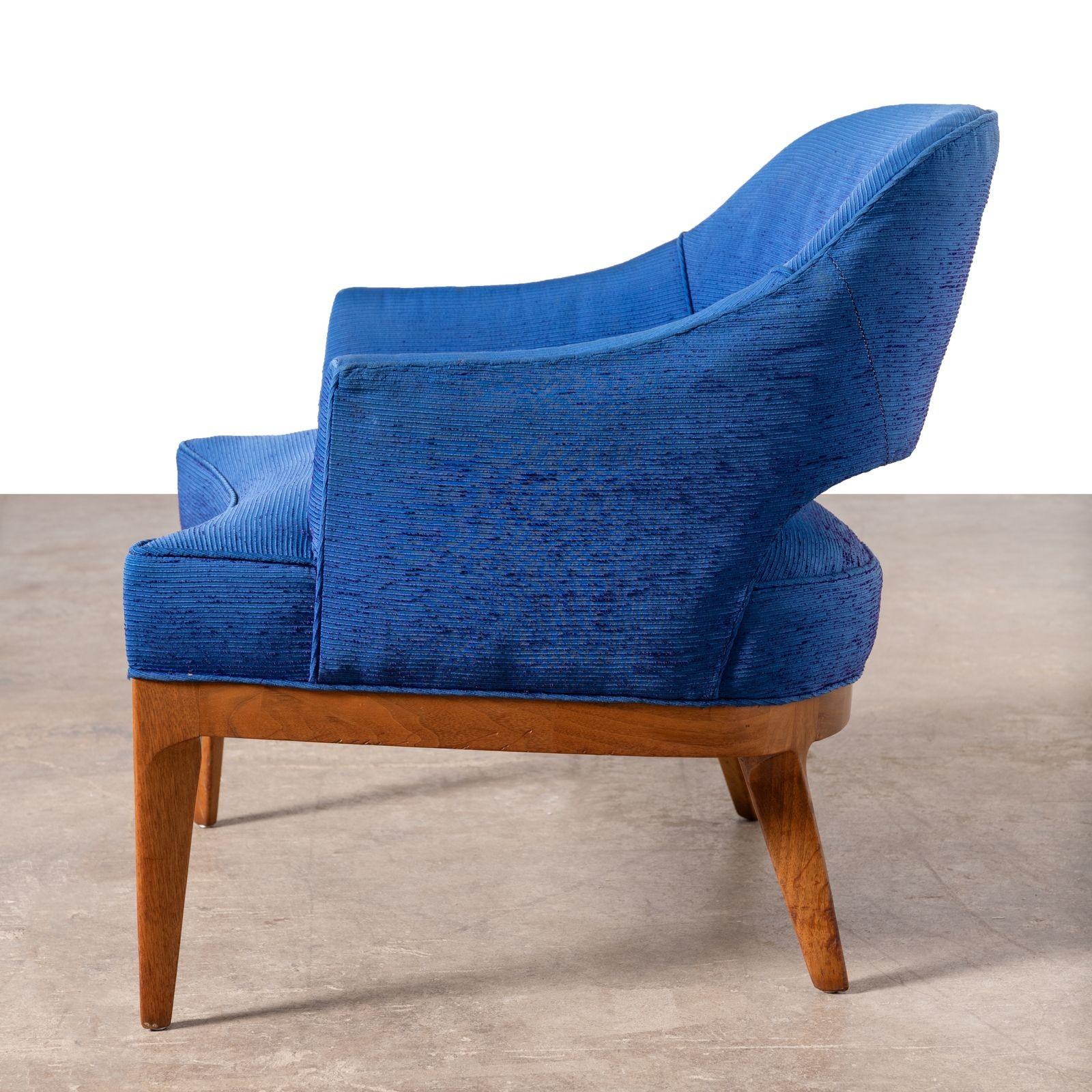 Erwin Lambeth Open Back Lounge Chairs in Raw Blue Silk with Walnut Frames 1960s For Sale 1