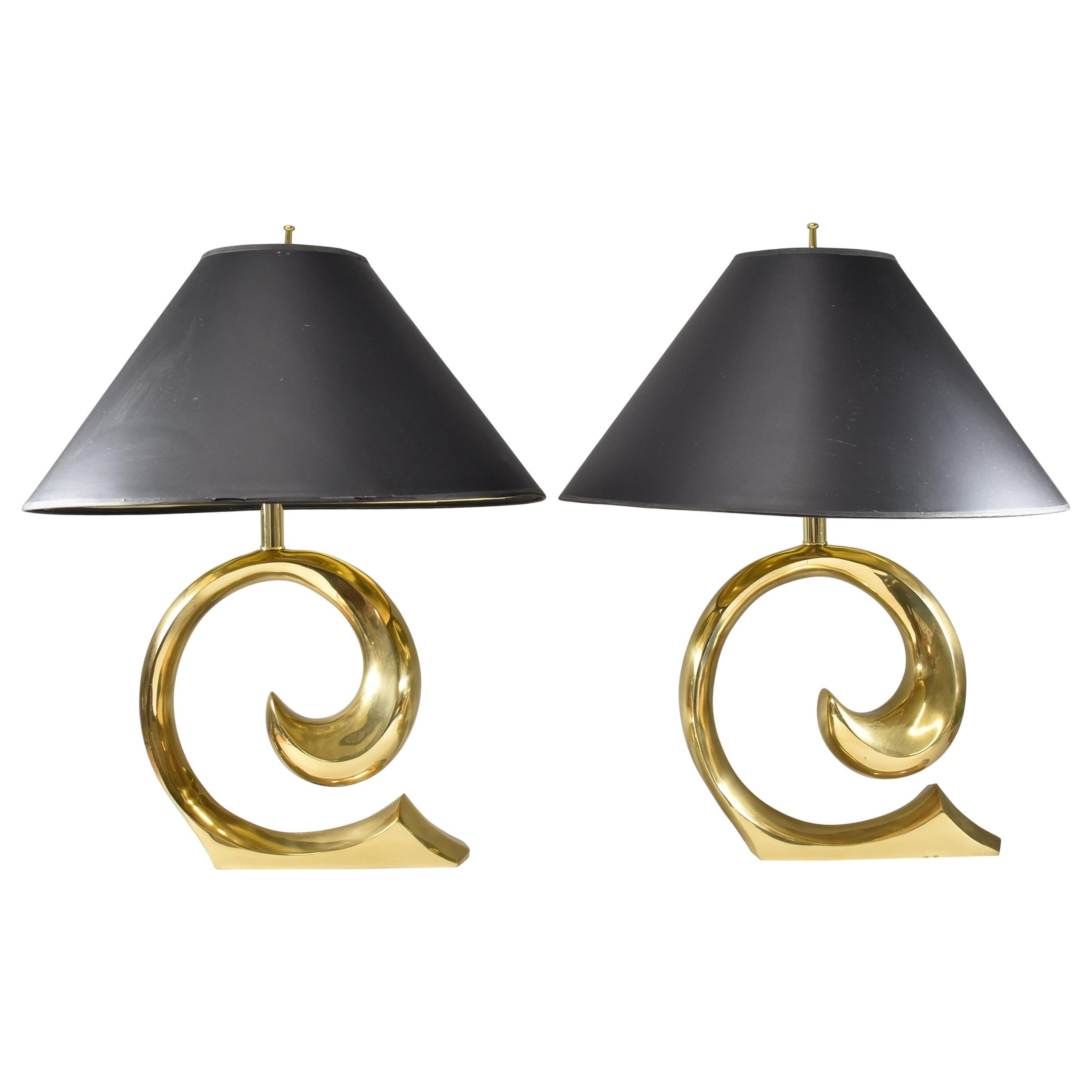 Erwin Lambeth Pair Brass "Swoosh" Table Lamps for Pierre Cardin