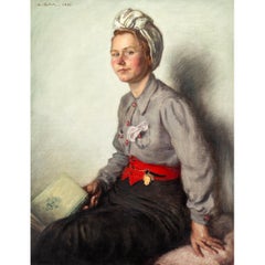 Portrait Of A Woman With A Headscarf, 1940s Swiss Oil Painting