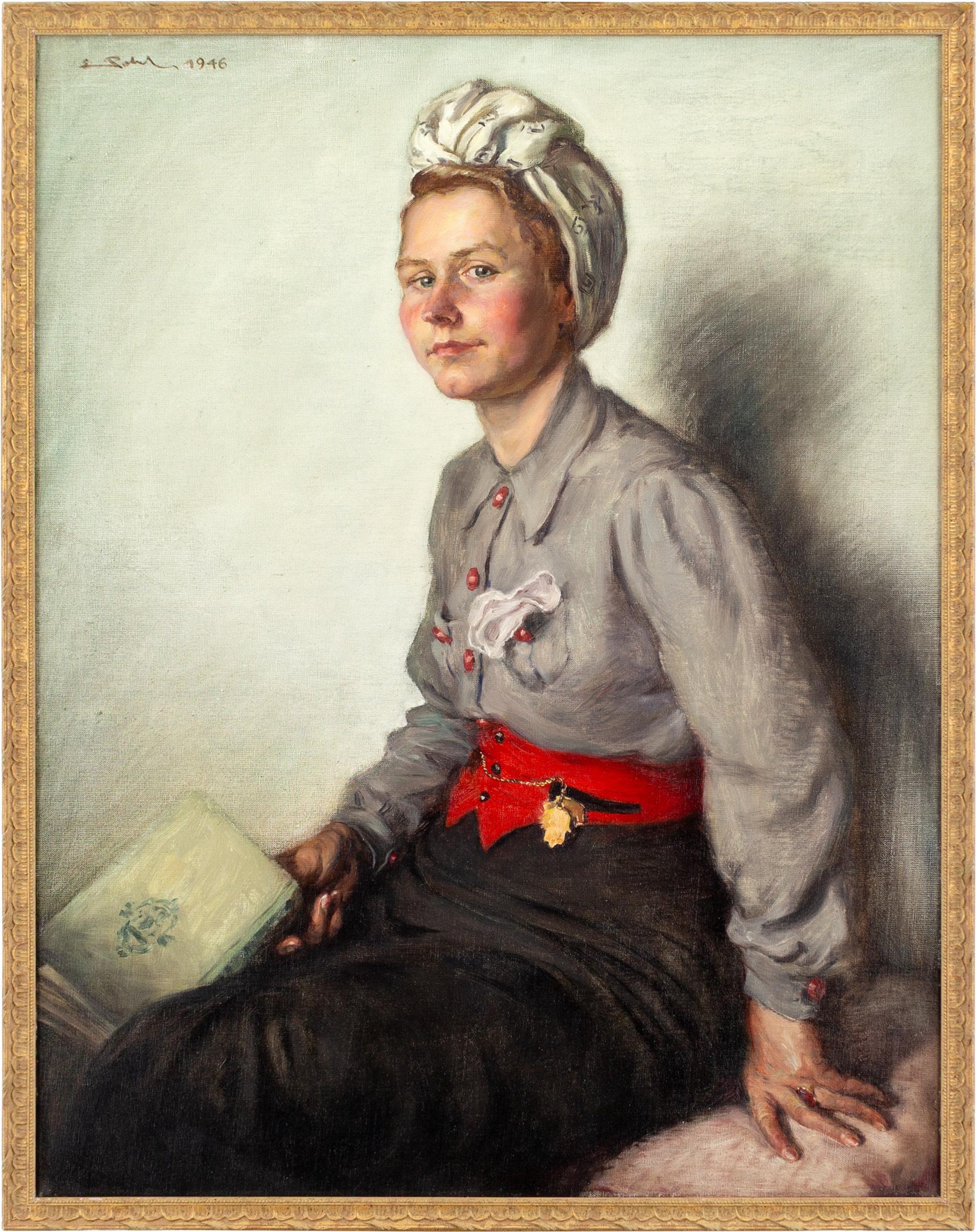 Portrait Of A Woman With A Headscarf, 1940s Swiss Oil Painting