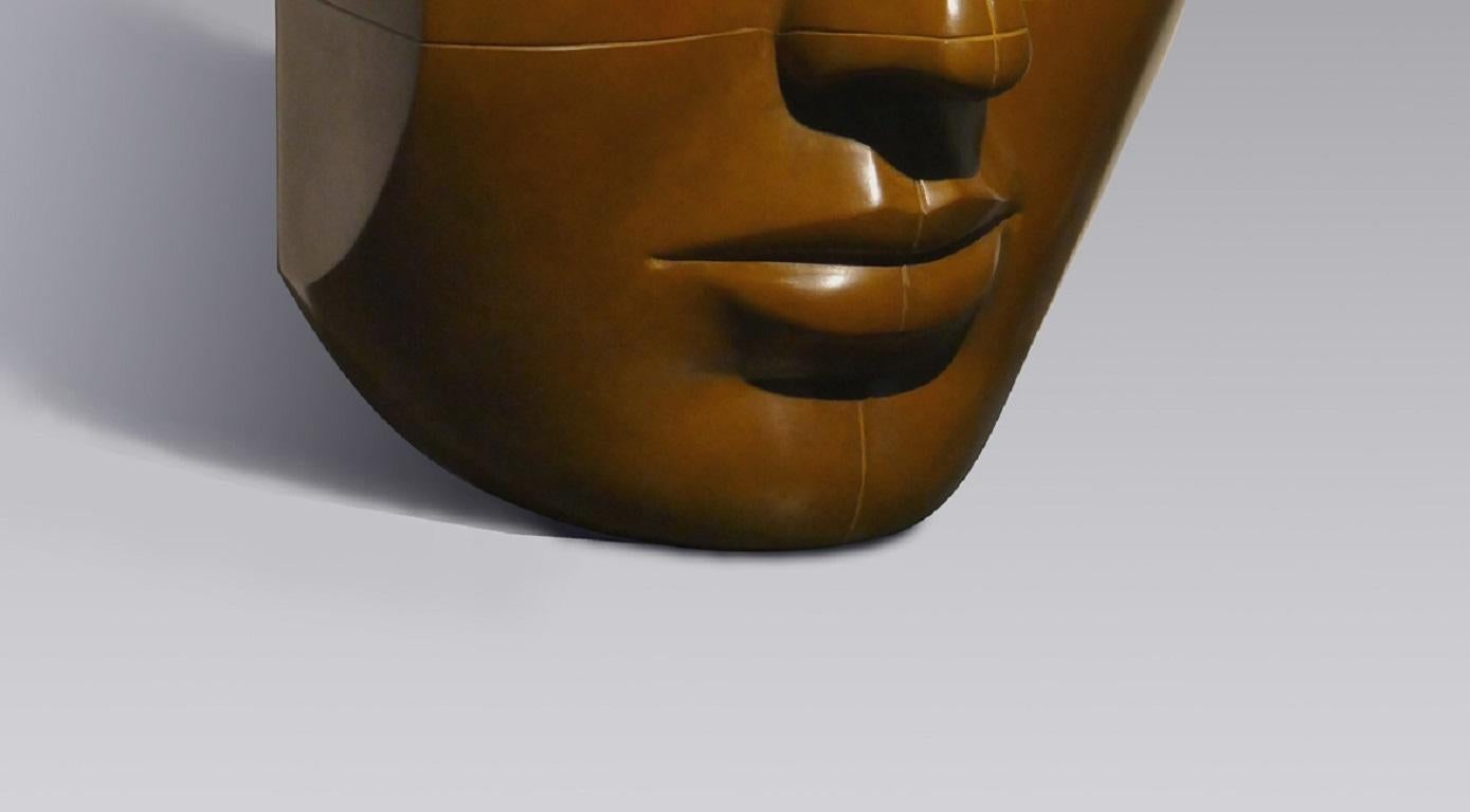 Sculpture en bronze en forme de tête de bloc à patine brune cubiste pour visage contemporain - Or Figurative Sculpture par Erwin Meijer