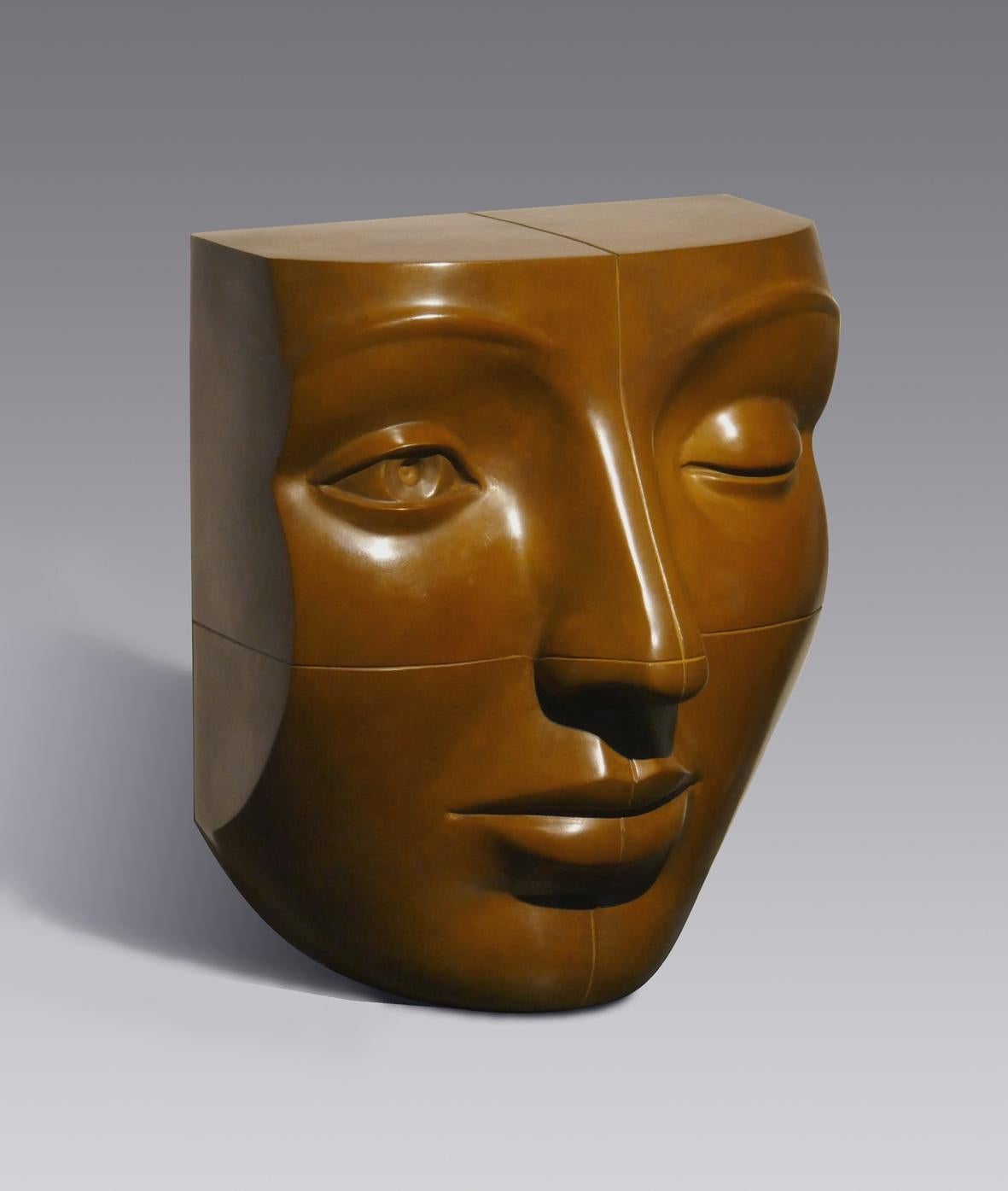 Erwin Meijer Figurative Sculpture - Blockhead Bronze Sculpture Contemporary Face Cubist Brown Patina