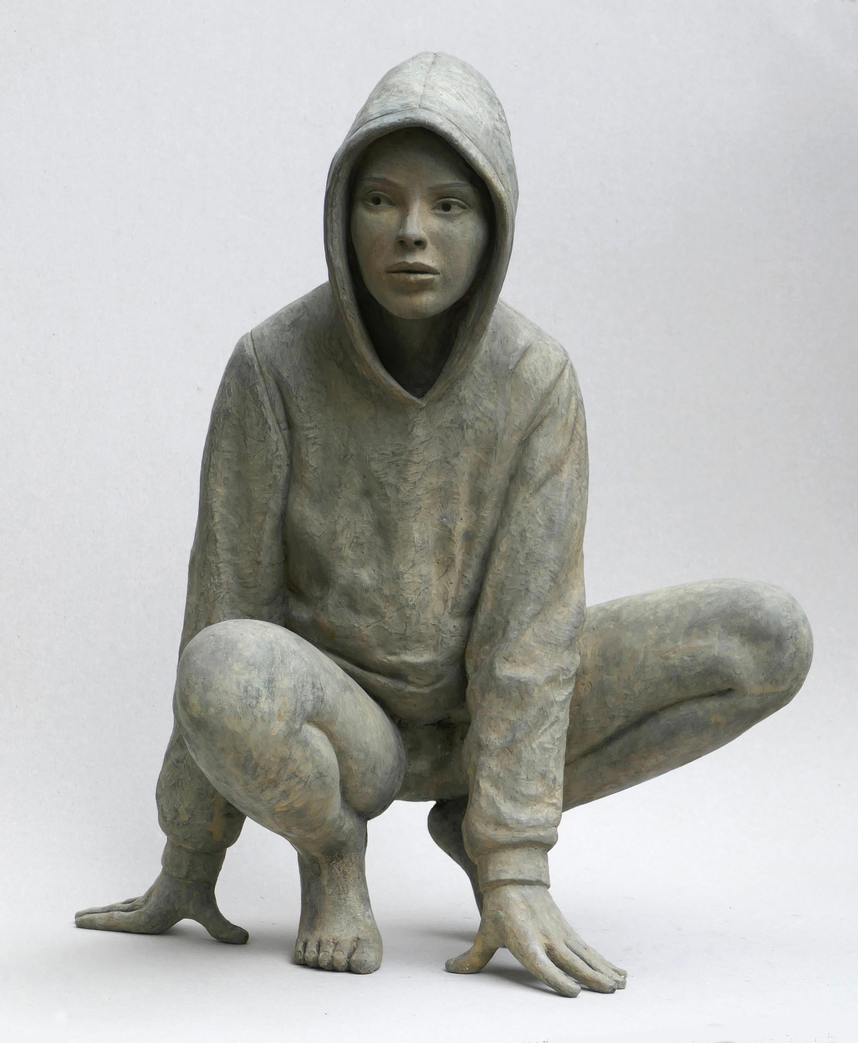 Erwin Meijer Figurative Sculpture – Hoodie II Young Girl Modern Contemporary Bronze Sculpture Limited Edition