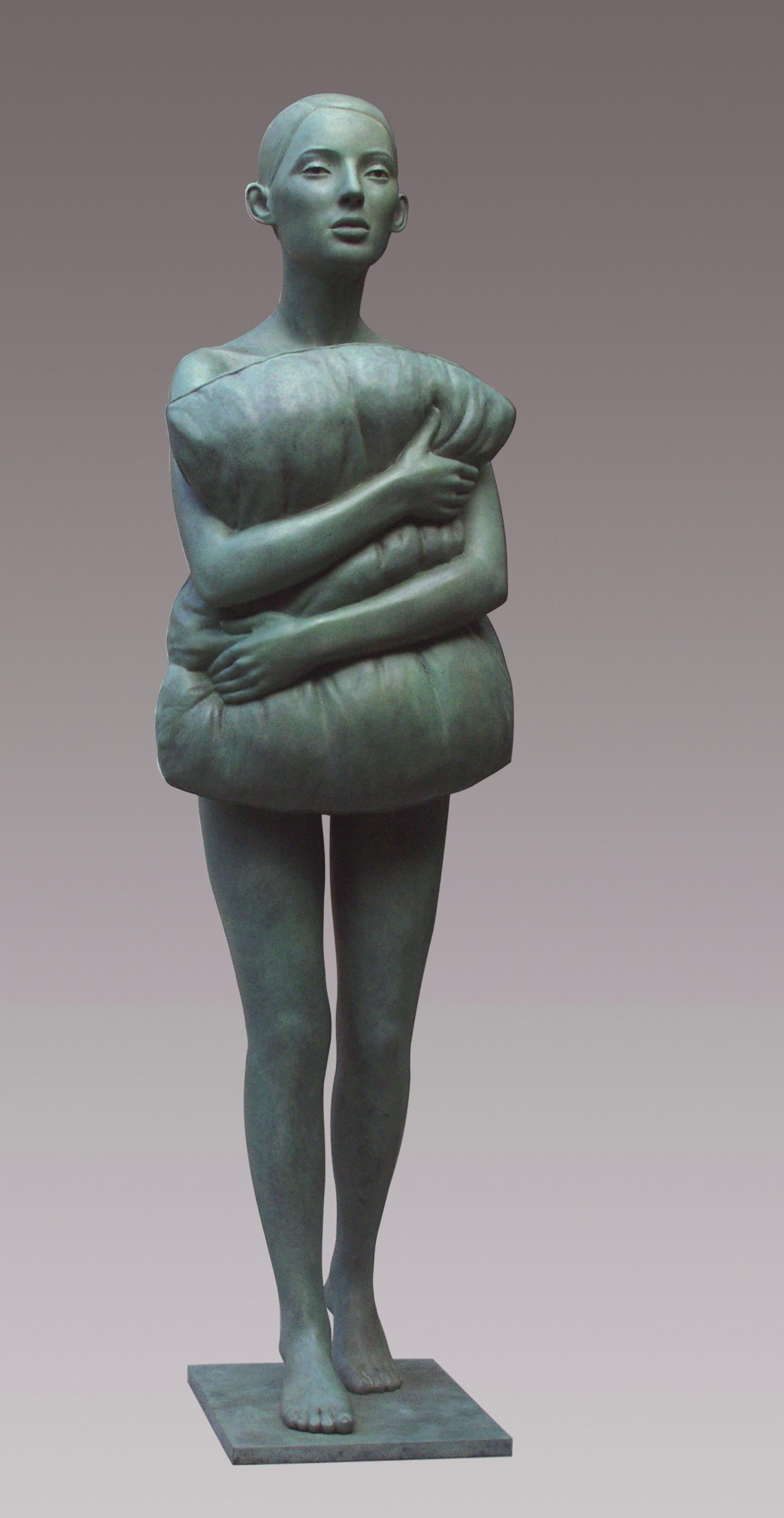 Erwin Meijer Figurative Sculpture - Kussen Cushion Pillow Bronze Sculpture Standing Girl Holding Green Patina