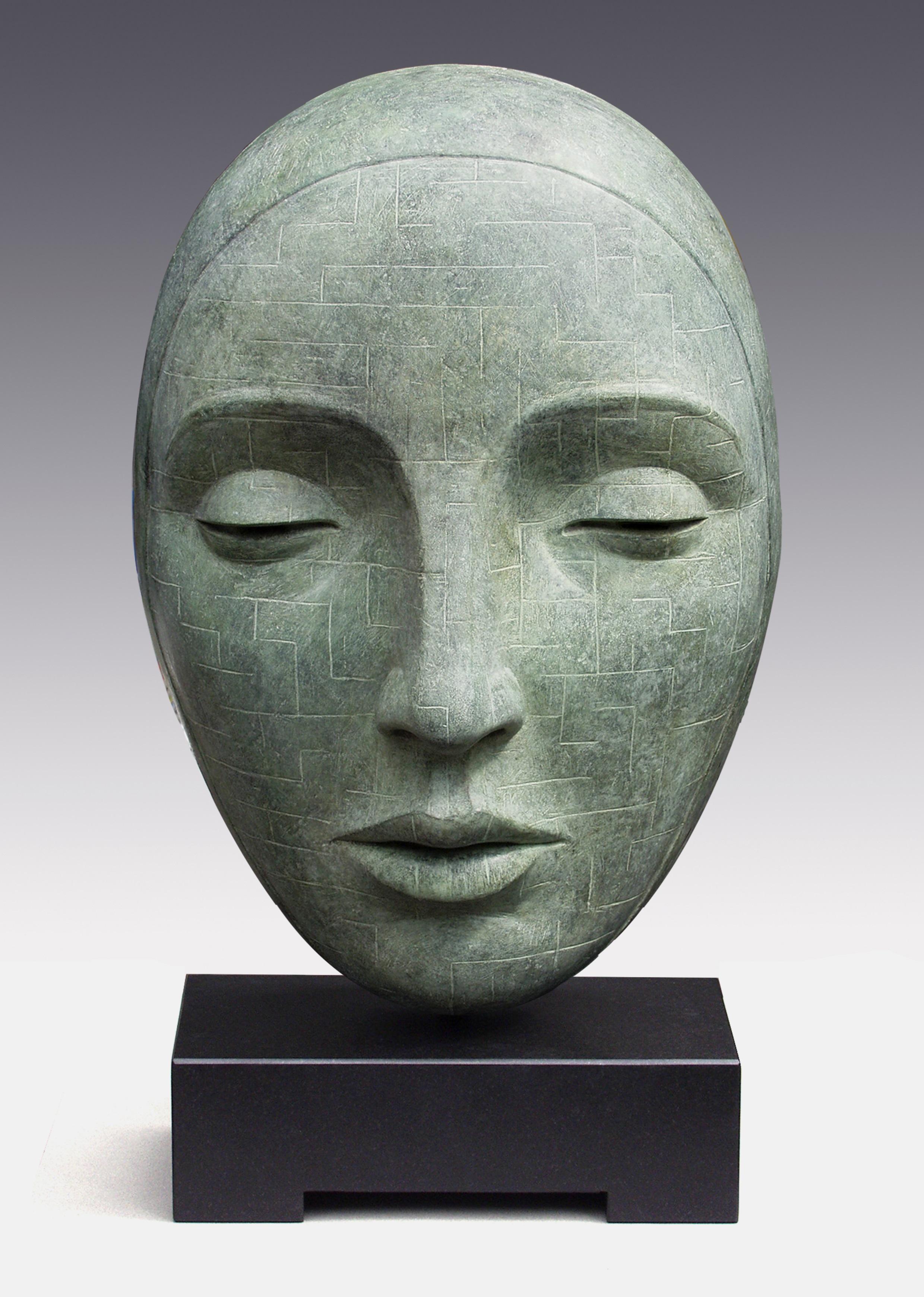 Erwin Meijer Figurative Sculpture - Labyrinth Bronze Sculpture Face Contemporary Green Patina
