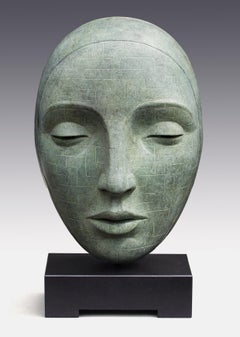 Labyrinth II Small Bronze Sculpture Face Woman Green Patina In Stock 