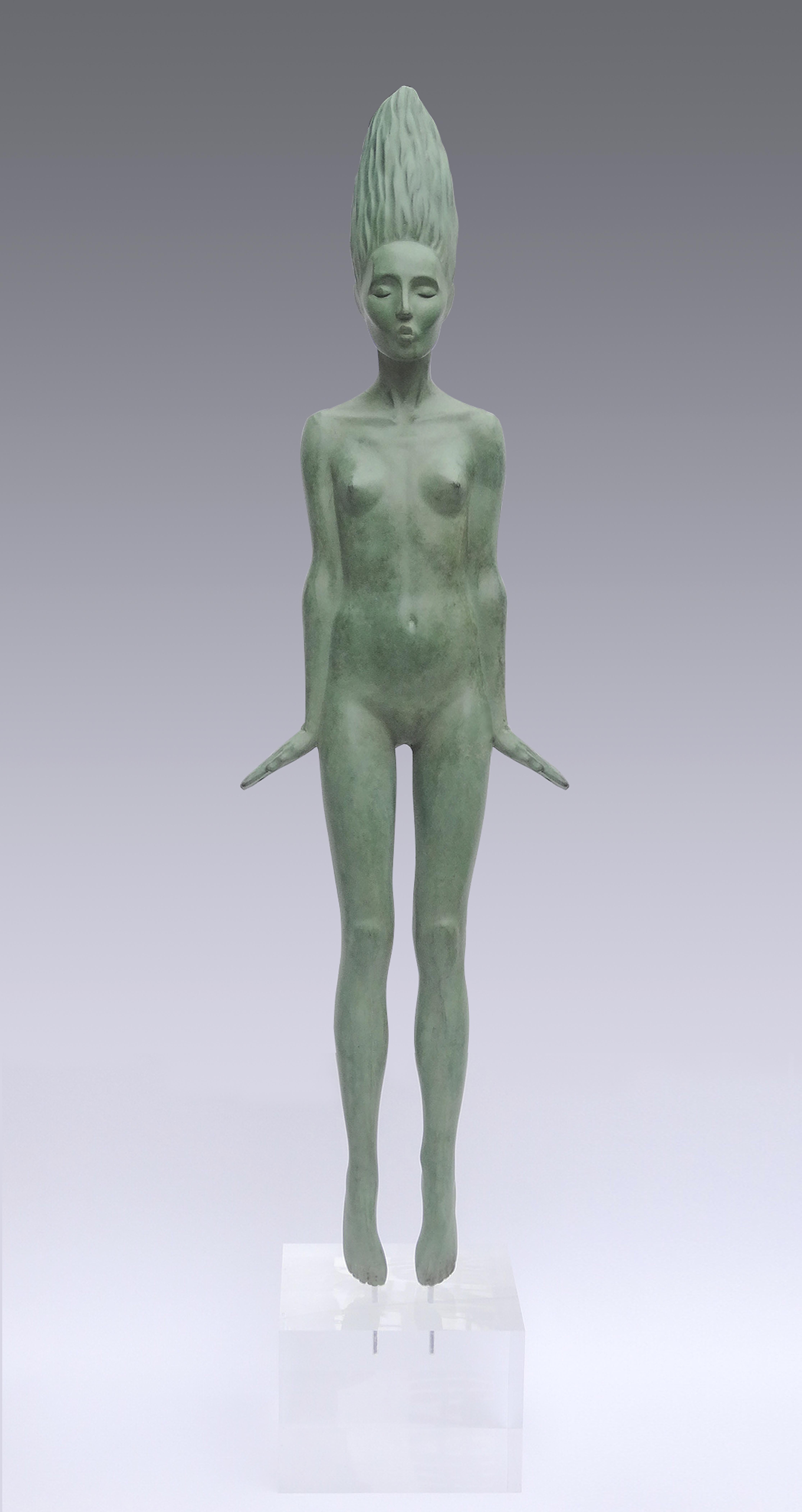 Erwin Meijer Nude Sculpture - Nymph Bronze Sculpture Nude Girl Mythology Green Patina Hair Limited Edition