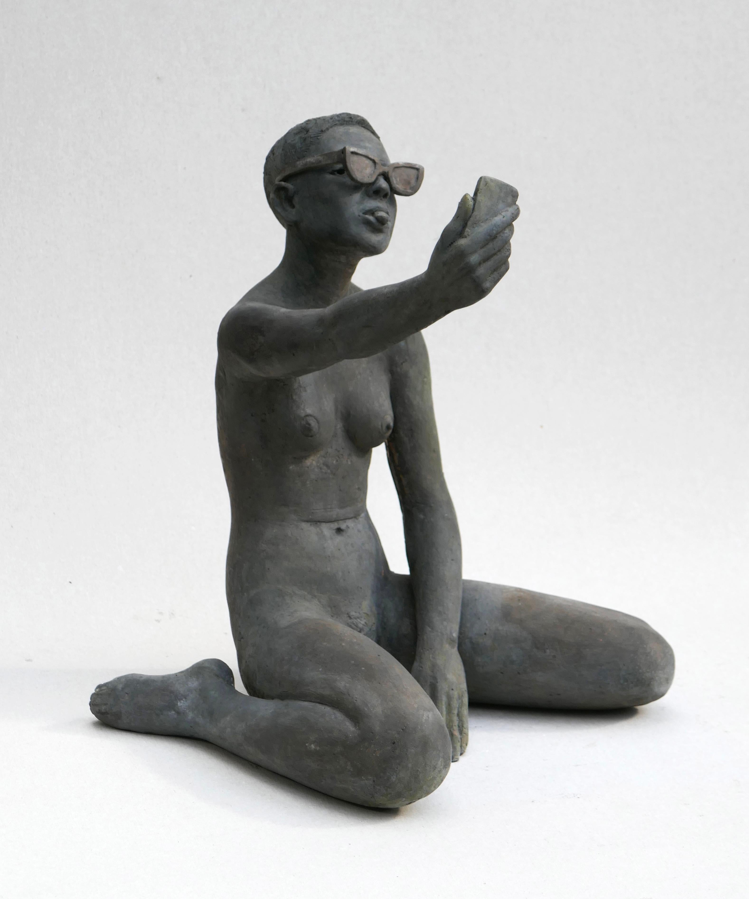 Erwin Meijer Figurative Sculpture - Selfie Bronze Sculpture Young Girl Tongue Sunglasses In Stock 