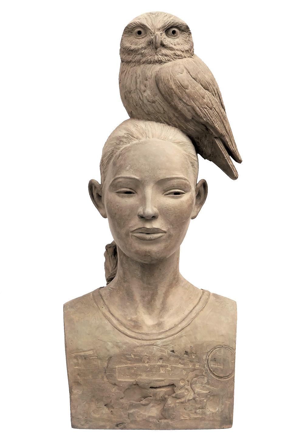 Erwin Meijer Nude Sculpture – Vrouw met Uil Owl Bronze-Skulptur Mädchen mit Eule auf Kopf Weisheit auf Lager 