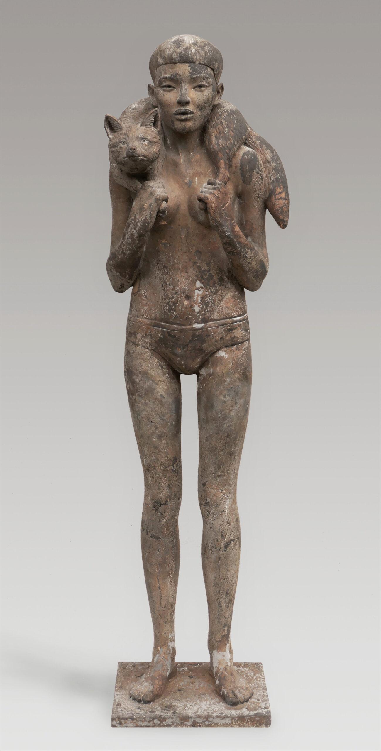 Erwin Meijer Figurative Sculpture - Vos Fox Bronze Sculpture Girl with Fox Figure People Animal 