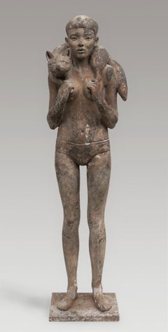 Vos Fox Bronze Sculpture Girl with Fox Figure People Animal 