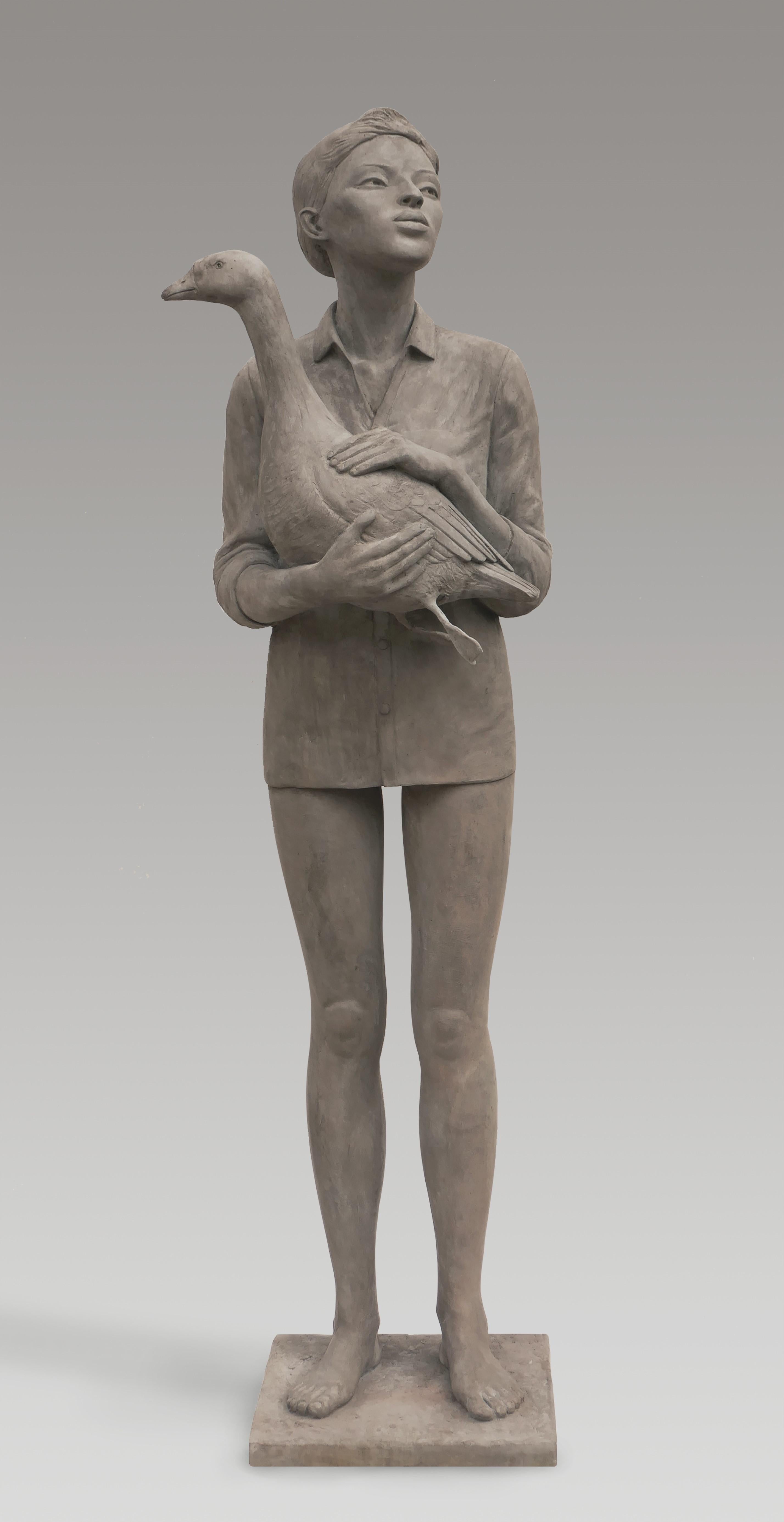 Erwin Meijer Figurative Sculpture - Vrouw met Gans Woman with Goose Bronze Sculpture Contemporary 