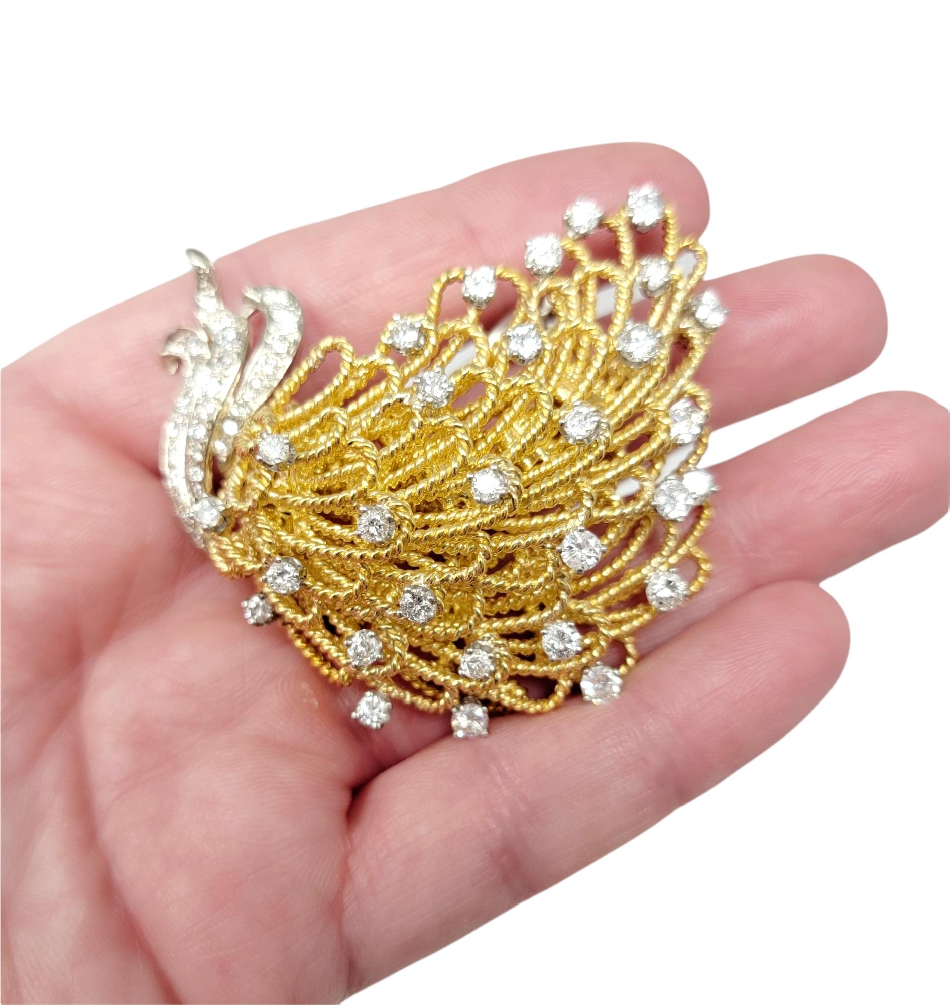 Contemporary Erwin Pearl 18 Karat Yellow Gold Peacock Plume Brooch with Round Diamonds 3.44 For Sale