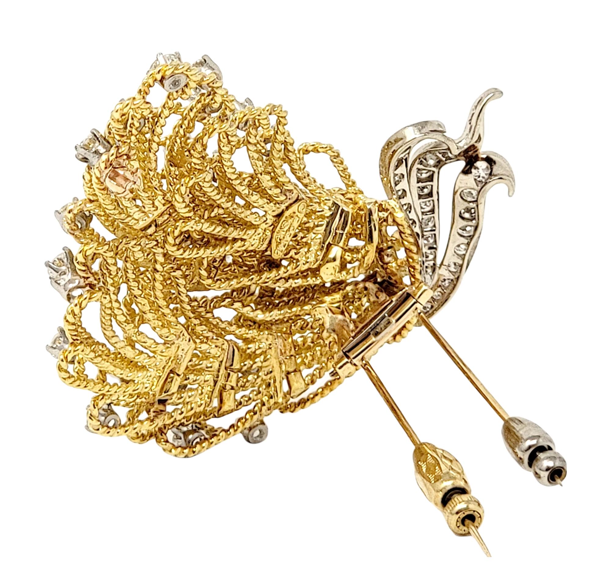 Women's Erwin Pearl 18 Karat Yellow Gold Peacock Plume Brooch with Round Diamonds 3.44 For Sale