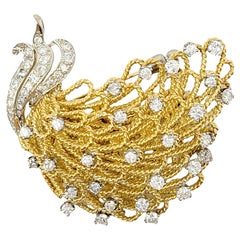 Vintage Erwin Pearl 18 Karat Yellow Gold Peacock Plume Brooch with Round Diamonds 3.44