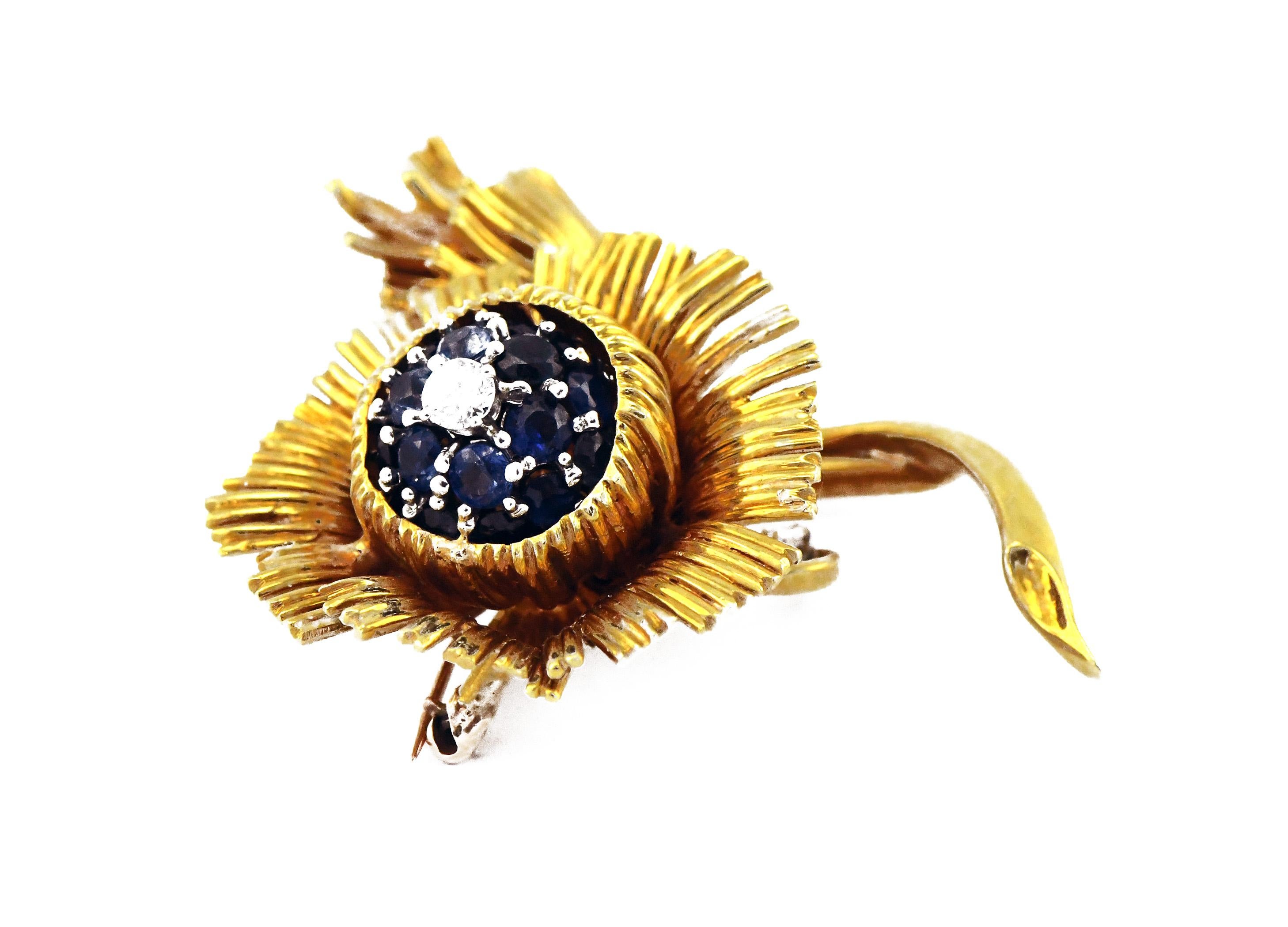 Erwin Pearl floral Pin Broach 32.9 Grams of solid 18kt gold set with six round brilliant natural sapphires and two round brilliant diamonds all excellent quality (Very slightly included E-F color). Superb detail! Estimated 22pt. center diamond and