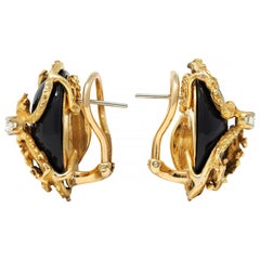 Erwin Pearl, boucles d'oreilles dragon vintage en or 18 carats, diamants, onyx et onyx, années 1970