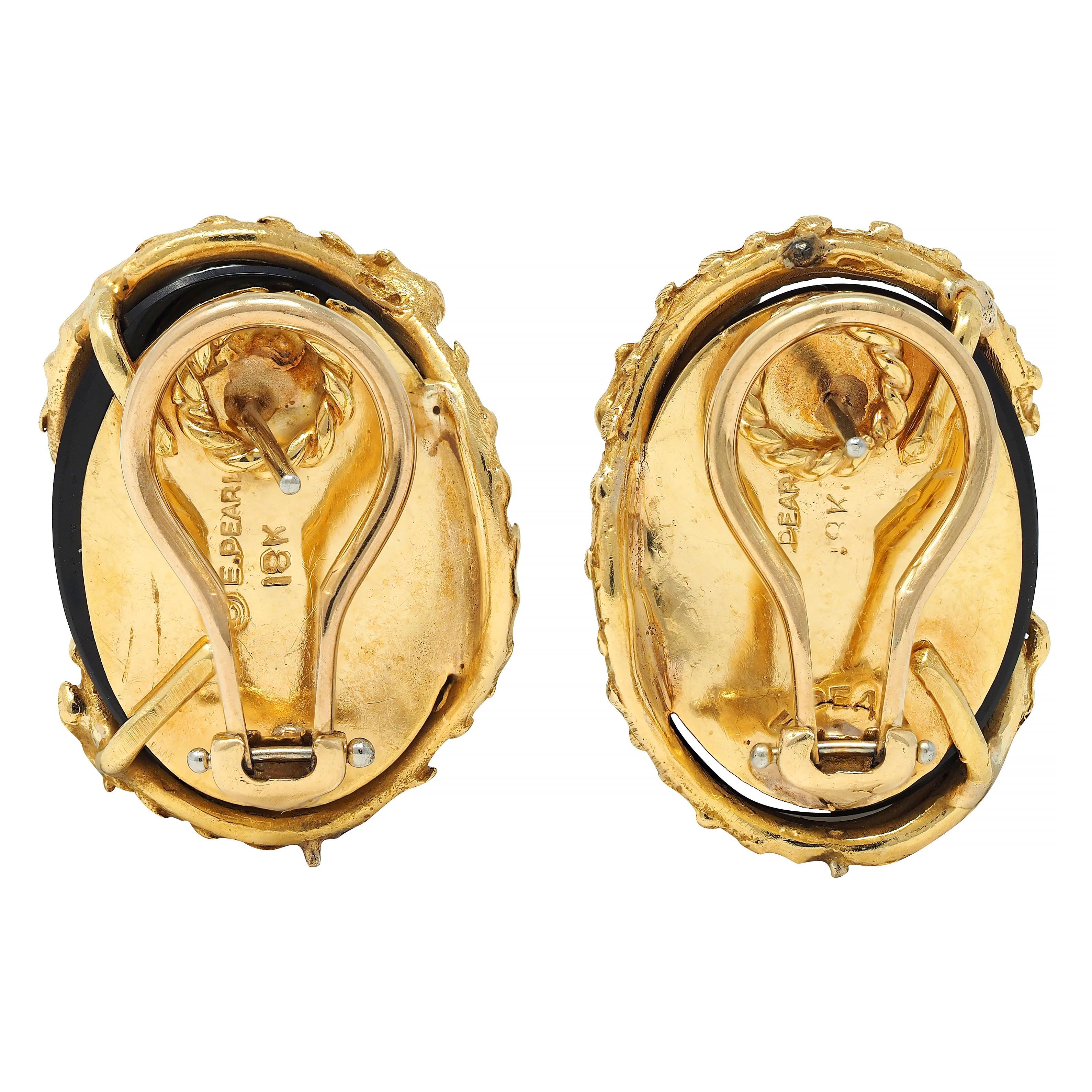 Modern Erwin Pearl 1970's Diamond Onyx 18 Karat Gold Dragon Vintage Earrings