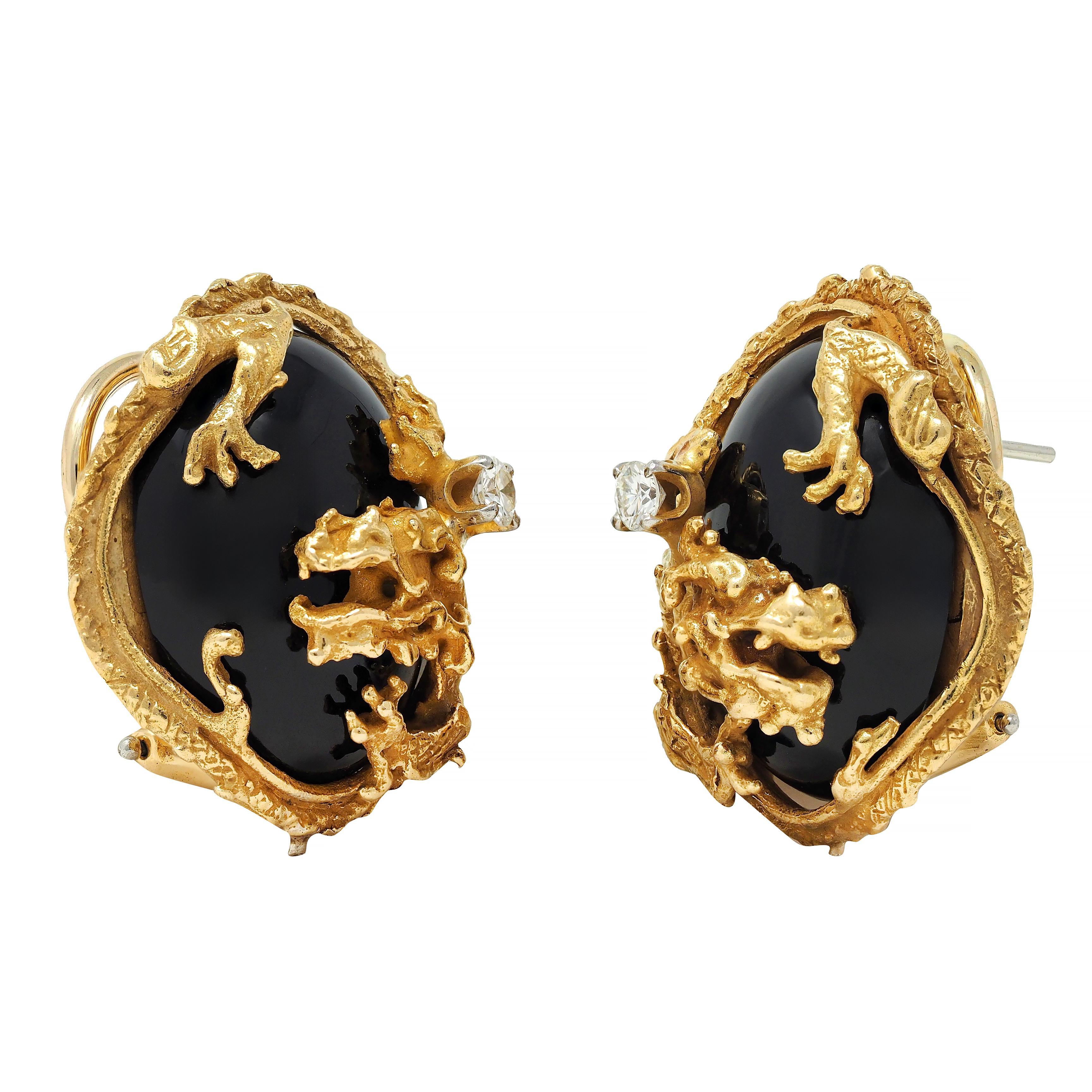 Cabochon Erwin Pearl 1970's Diamond Onyx 18 Karat Gold Dragon Vintage Earrings