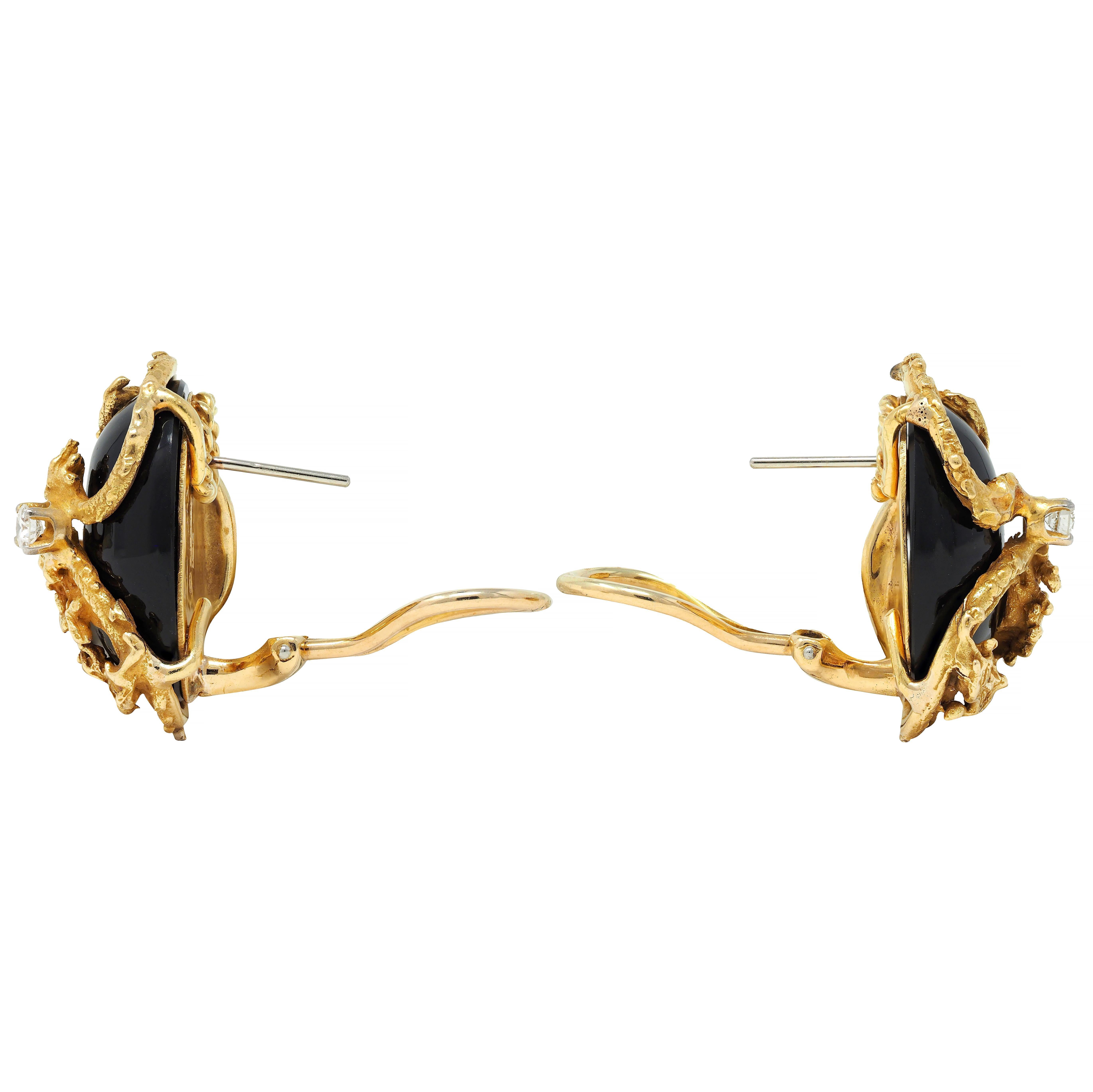 Erwin Pearl 1970's Diamond Onyx 18 Karat Gold Dragon Vintage Earrings In Excellent Condition In Philadelphia, PA