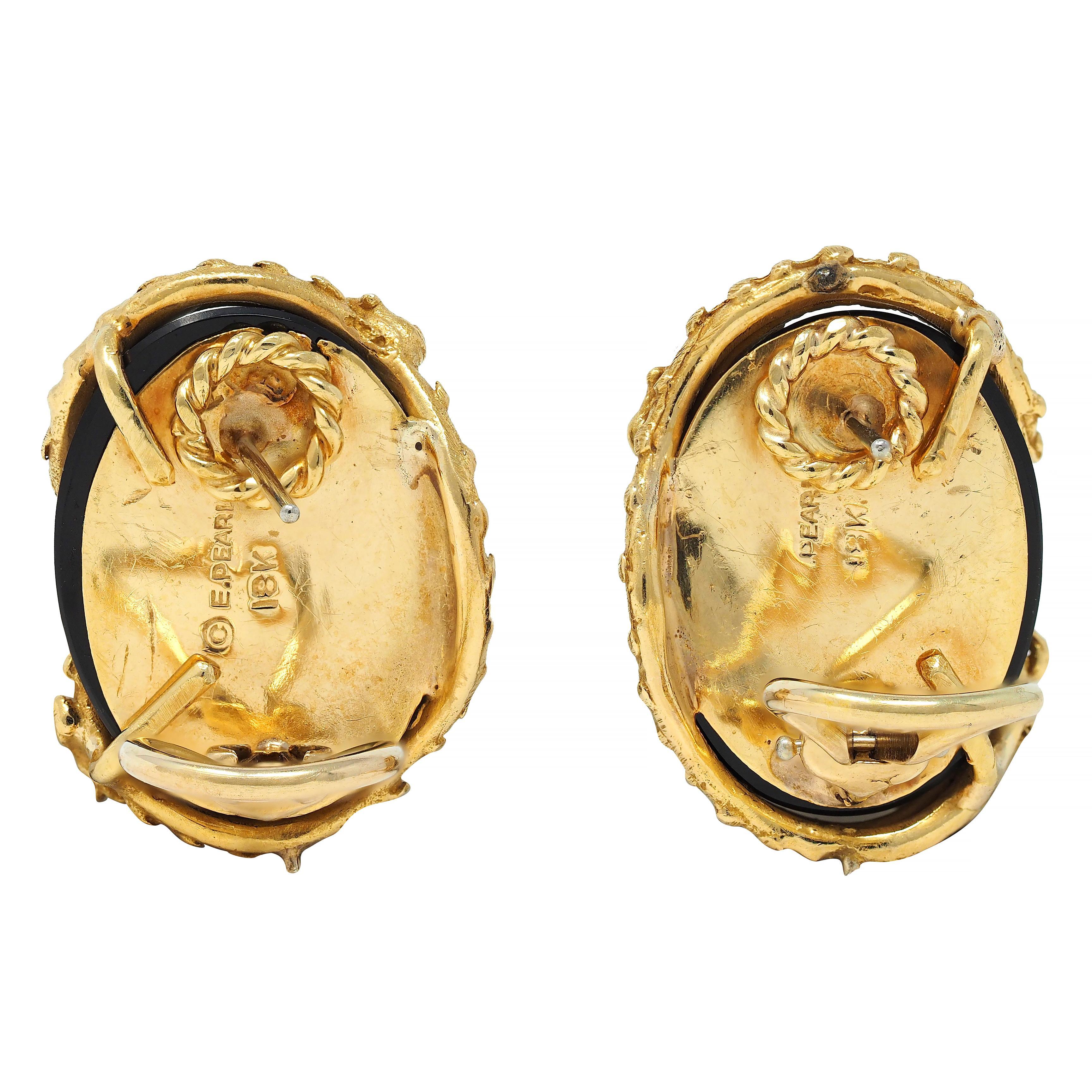 Women's or Men's Erwin Pearl 1970's Diamond Onyx 18 Karat Gold Dragon Vintage Earrings