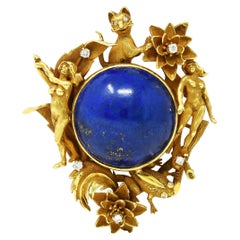 Retro Erwin Pearl 1970's Lapis Lazuli Diamond 18 Karat Yellow Gold Ladies Brooch