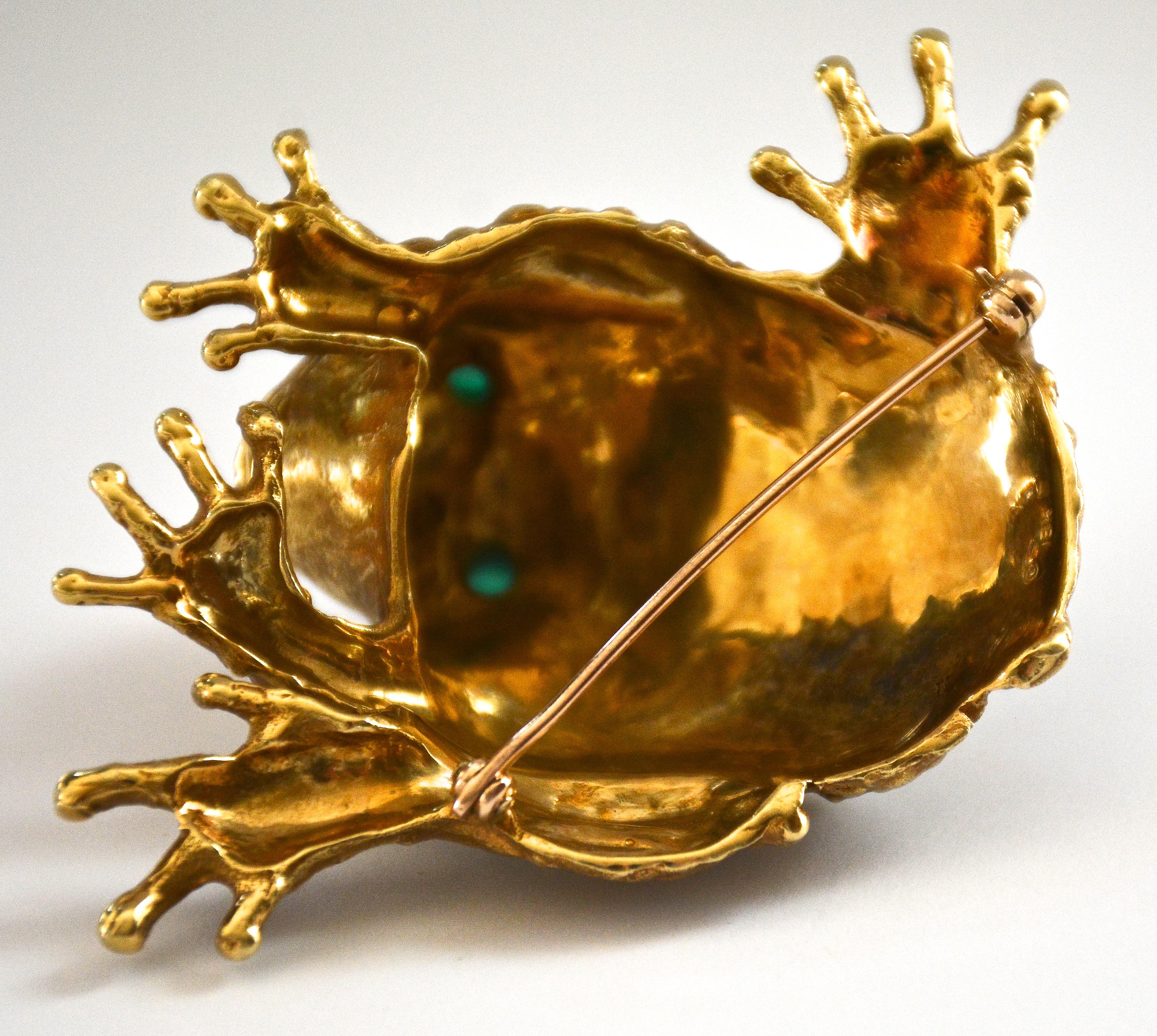 Erwin Pearl 1980s Fine Jewelry 18k. Gold Frog Brooch Set with Chrysoprase Eyes 1