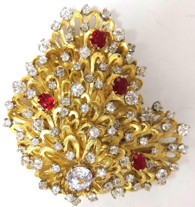 Erwin Pearl 8.00 Carat Natural Diamonds and Red Spinel Brooch Pin 18 Karat For Sale 6