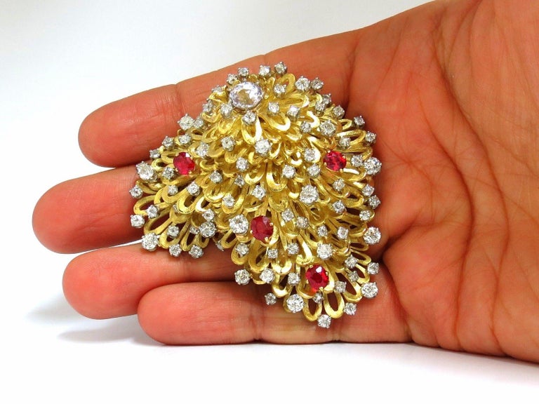 Women's or Men's Erwin Pearl 8.00 Carat Natural Diamonds and Red Spinel Brooch Pin 18 Karat For Sale
