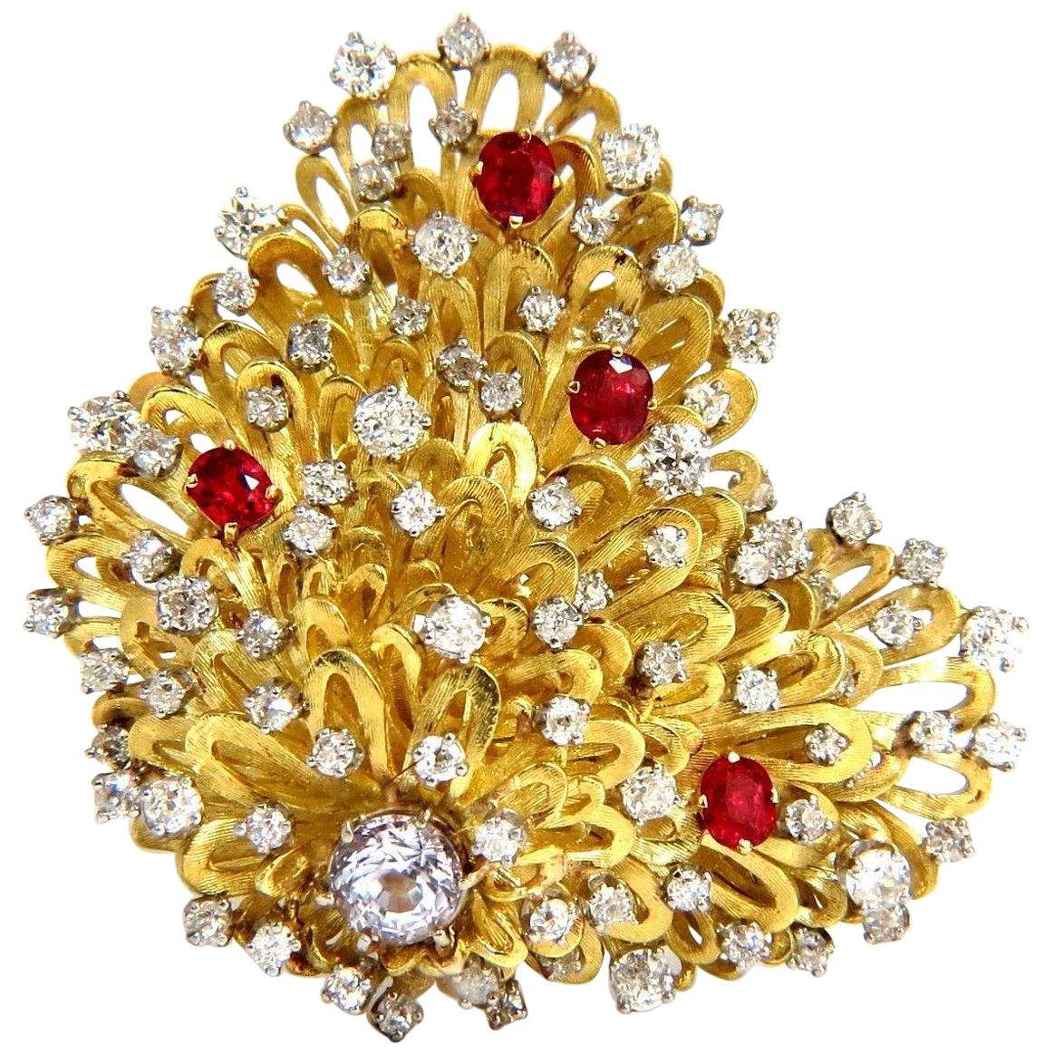 Erwin Pearl 8.00 Carat Natural Diamonds and Red Spinel Brooch Pin 18 Karat For Sale