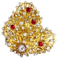 Erwin Pearl 8.00 Carat Natural Diamonds and Red Spinel Brooch Pin 18 Karat
