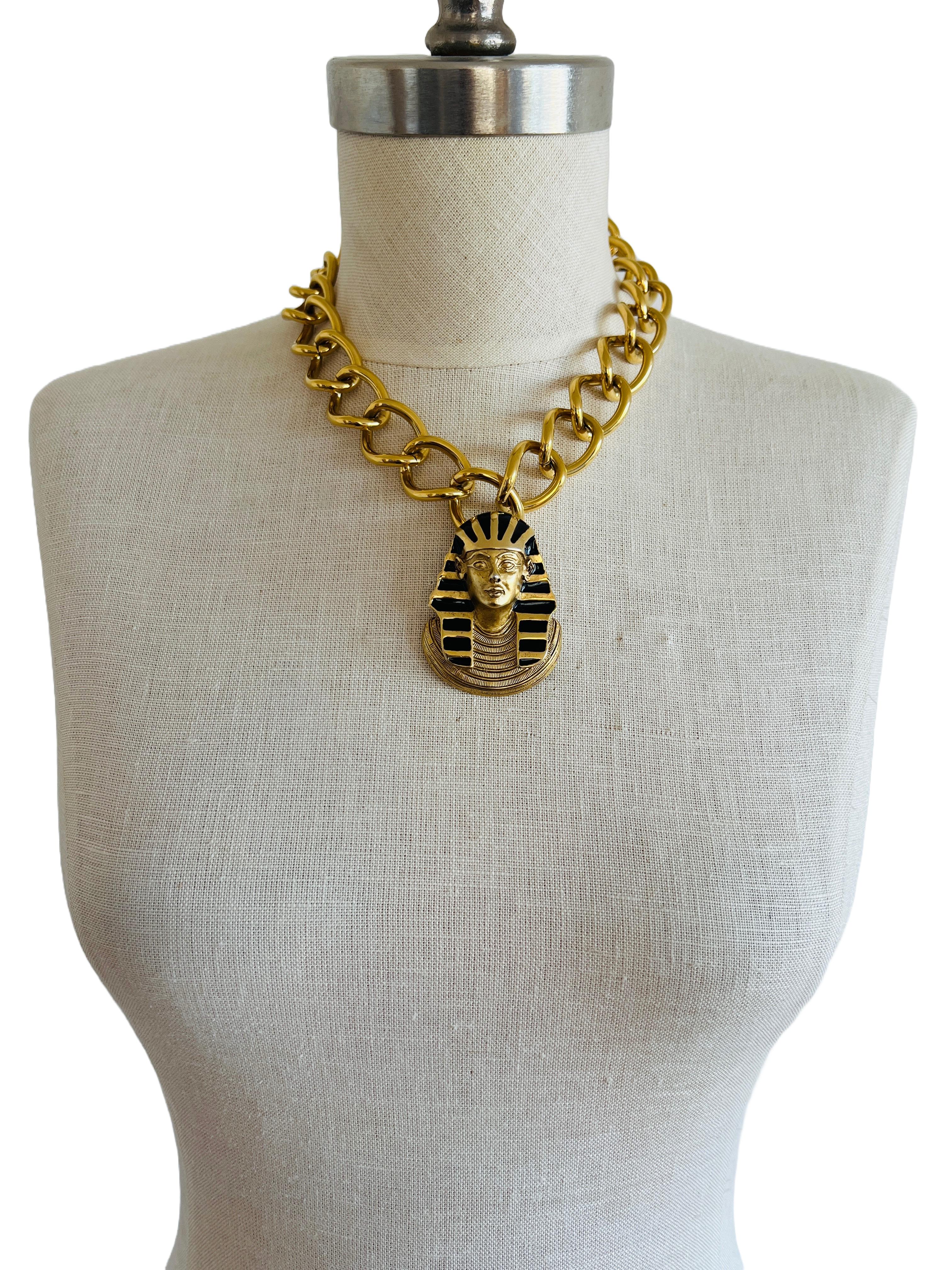 Erwin Pearl Egyptian Revival King Tut Black Enamel Gold Brooch Necklace Pendant For Sale 1