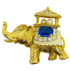 Perla Erwin Pearl firmata spilla vintage in cristallo zaffiro e oro con elefantino