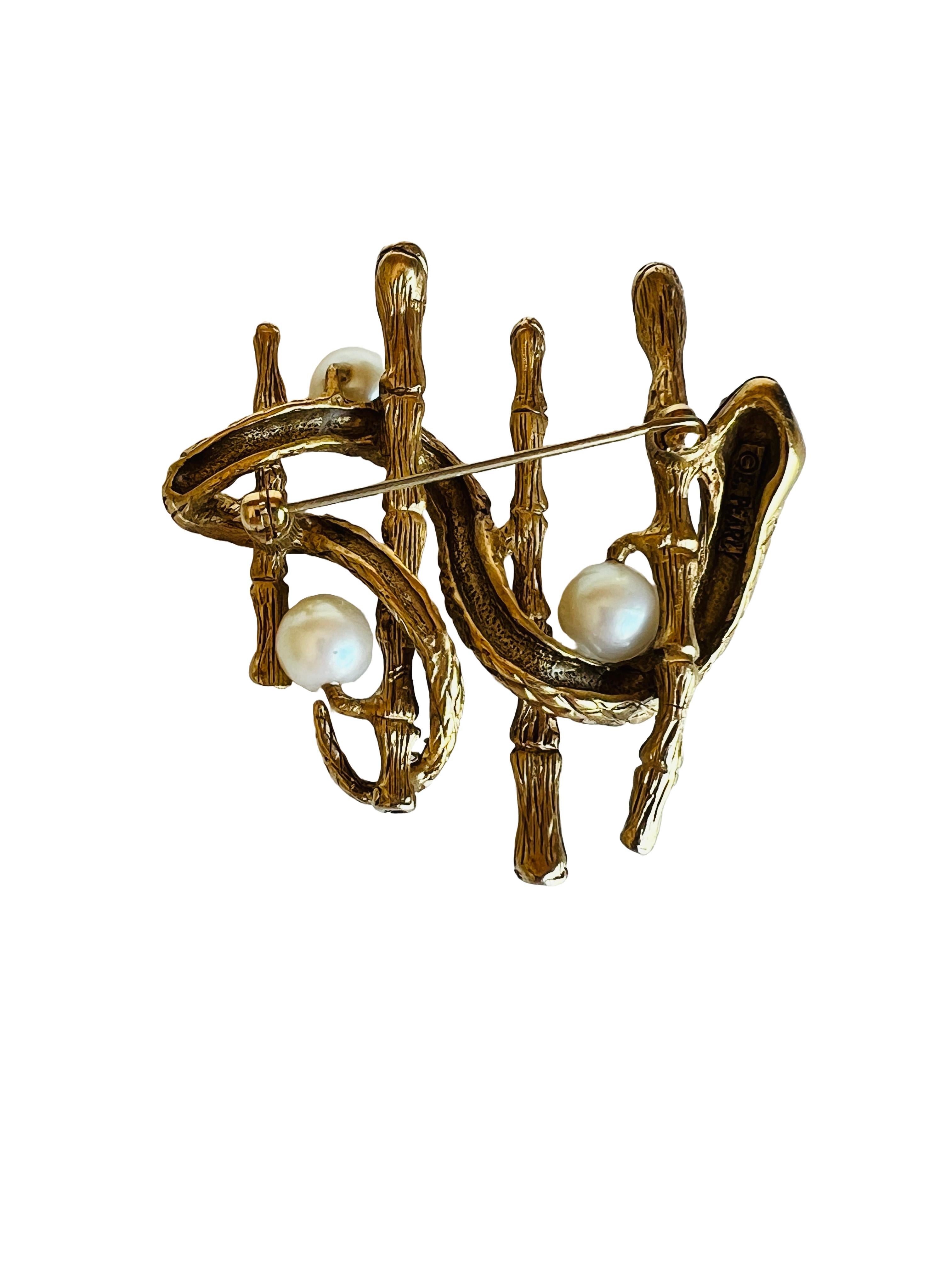 De las mujeres Erwin Pearl Serpiente Bambú Oro Broche Figural Alfiler Serpiente Ojos Verdes Faux Pearl en venta