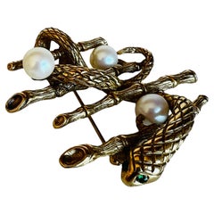 Vintage Erwin Pearl Snake Bamboo Gold Figural Brooch Pin Green Eyes Serpent Faux Pearl