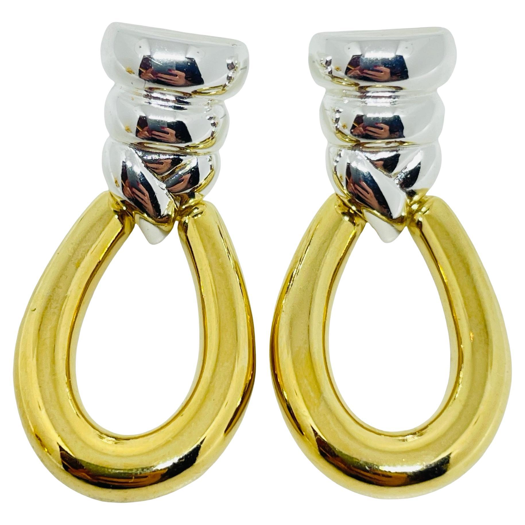 ERWIN PEARL vintage gold silver tone door knocker designer pierced earrings For Sale