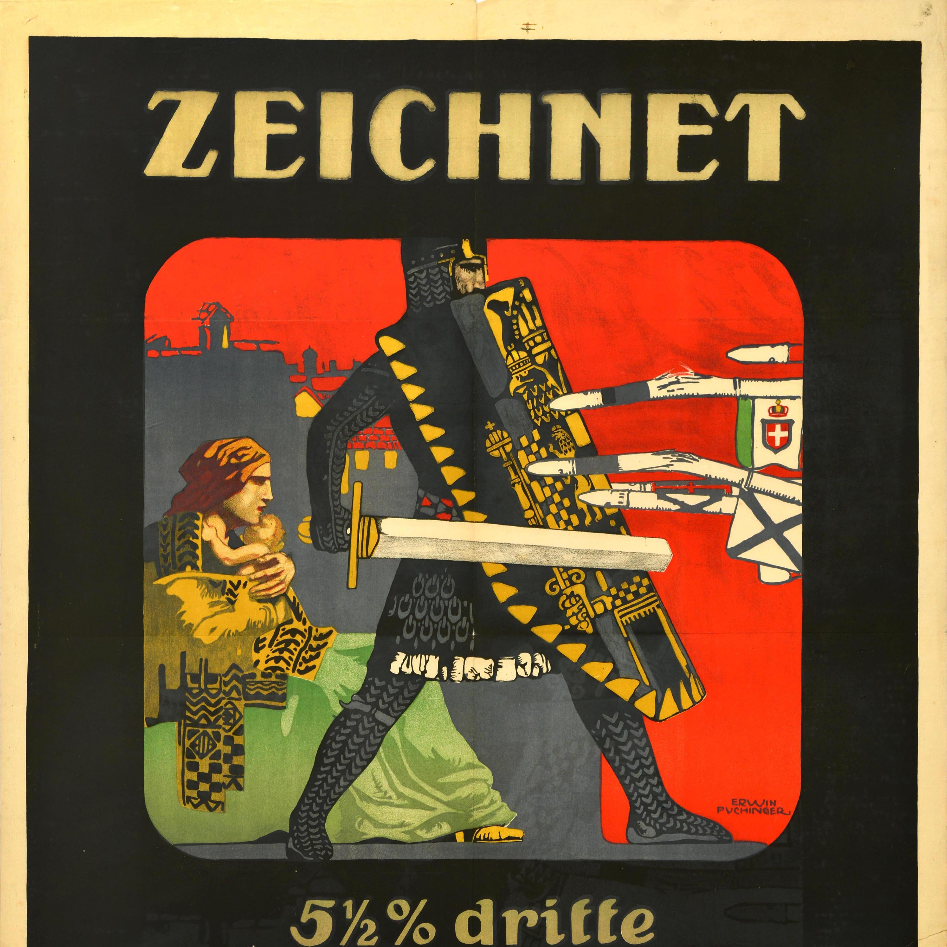 Weltkrieg mit einer Illustration des Wiener Künstlers Erwin Puchinger (1875-1944), die einen Soldaten in voller militärischer Ritterrüstung zeigt, der ein Schwert und einen Schild hält, um eine Mutter mit ihrem Baby zu beschützen. Die Schwerter des
