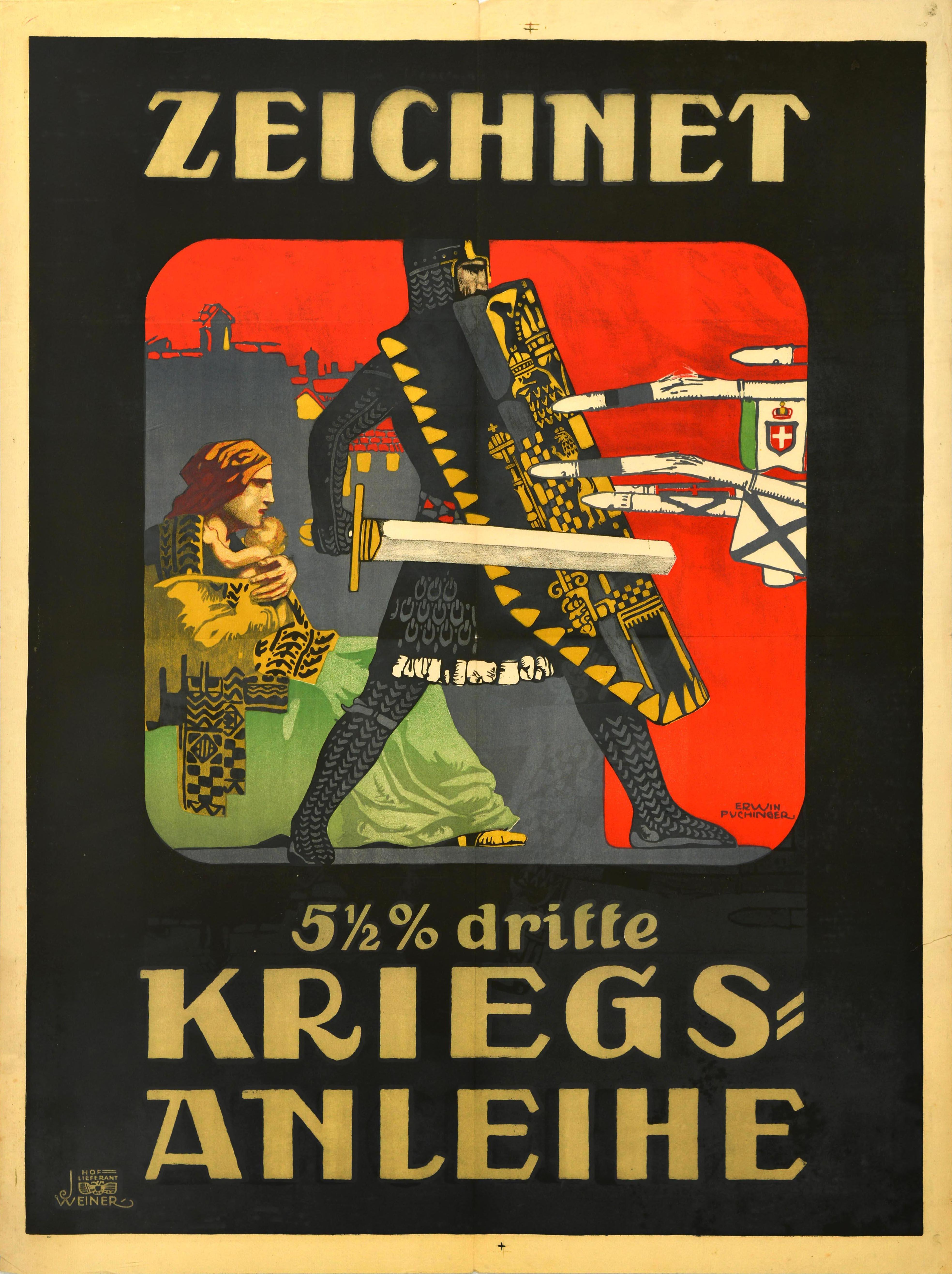 Erwin Puchinger Print – Original Antikes Kriegs Bond-Poster, Kriegsanleihe, Soldat, WWI, Österreich 