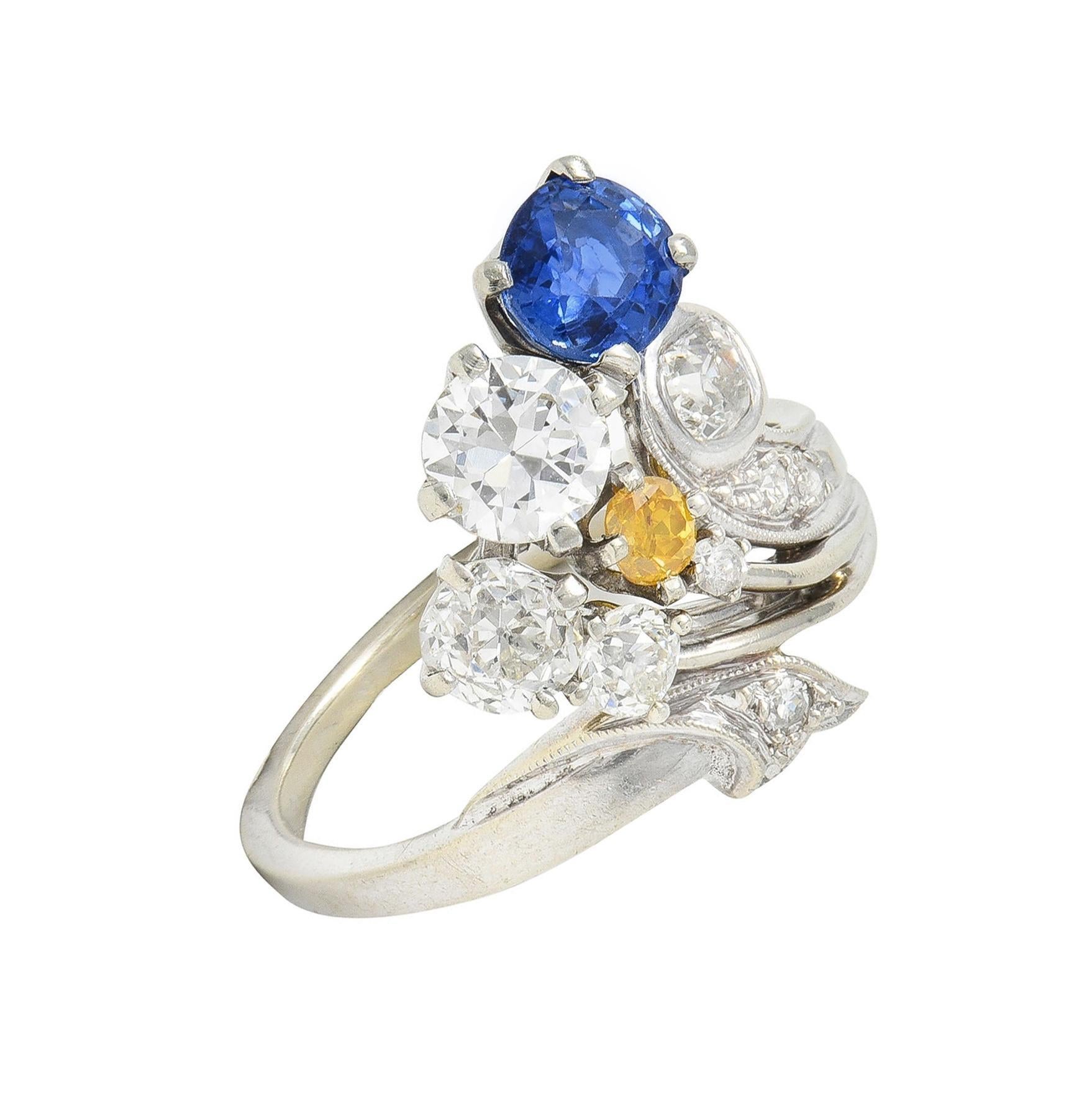 Erwin Reu Co. Mid-Century 2.03 CTW Sapphire Diamond 14 Karat Gold Bypass Ring In Excellent Condition For Sale In Philadelphia, PA