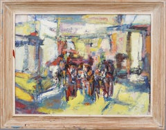 Peinture d'une scène de rue moderniste abstraite encadrée exposée