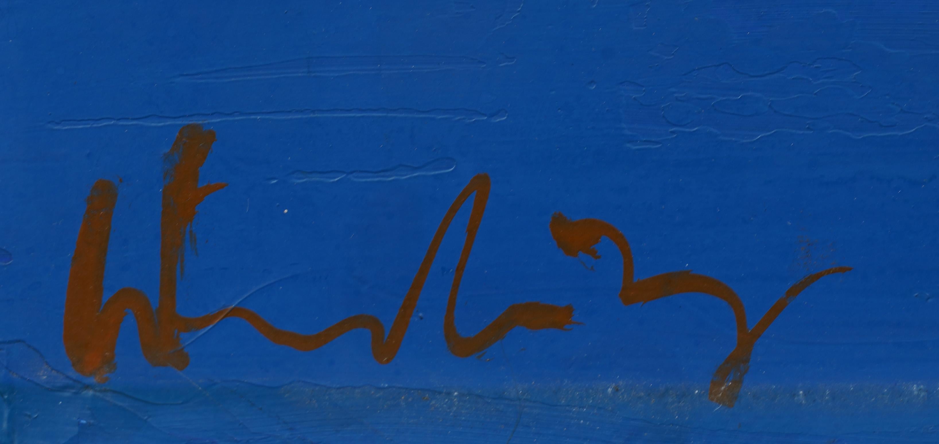 Antiguo cuadro al óleo modernista americano firmado Paisaje urbano abstracto - Landscape Painting Azul de Erwin Wending (1914 - 1993) 