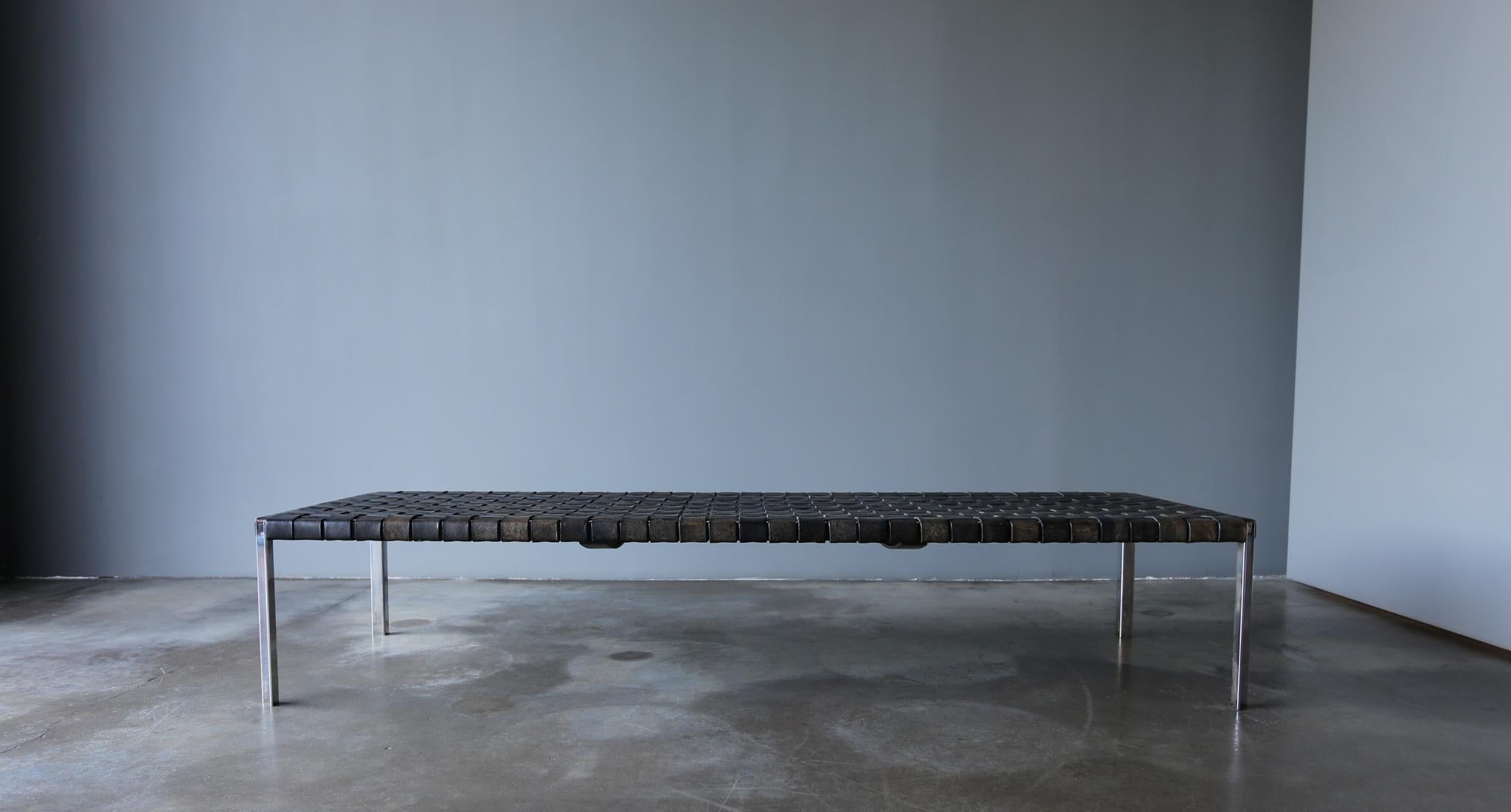 20th Century Erwine & Estelle Laverne Leather & Steel Bench, United States, c.1955 For Sale