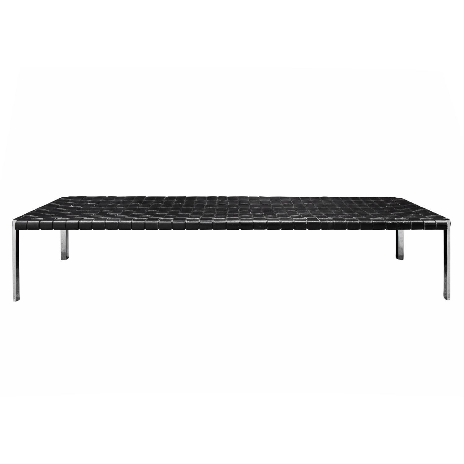 Long bench in chrome plated steel with woven black leather straps by Erwine and Estelle Laverne for Laverne International, American 1960's.  This bench is beautifully made and super chic.