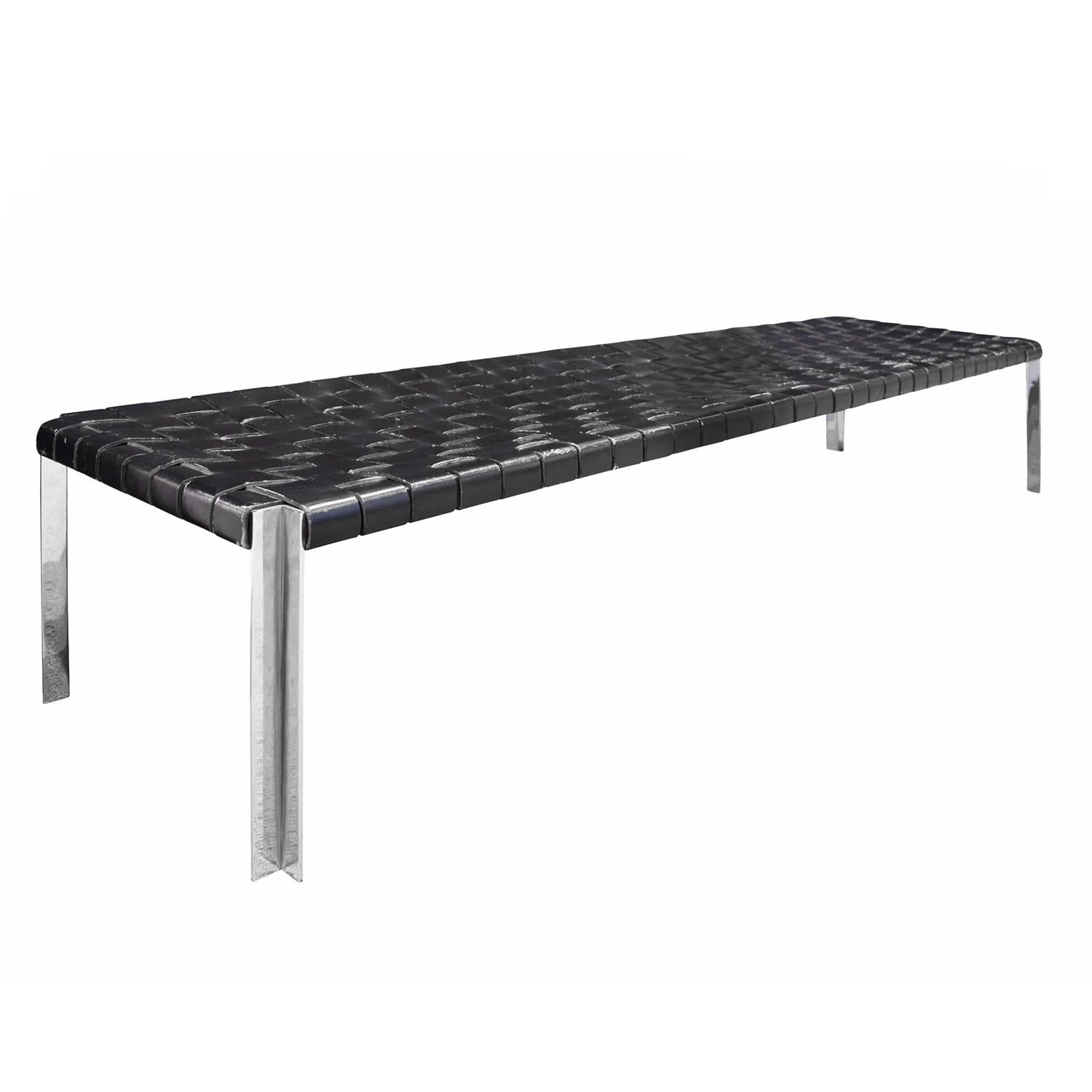 Mid-Century Modern Erwine & Estelle Laverne Long Bench in Steel With Woven Leather Straps 1960s For Sale