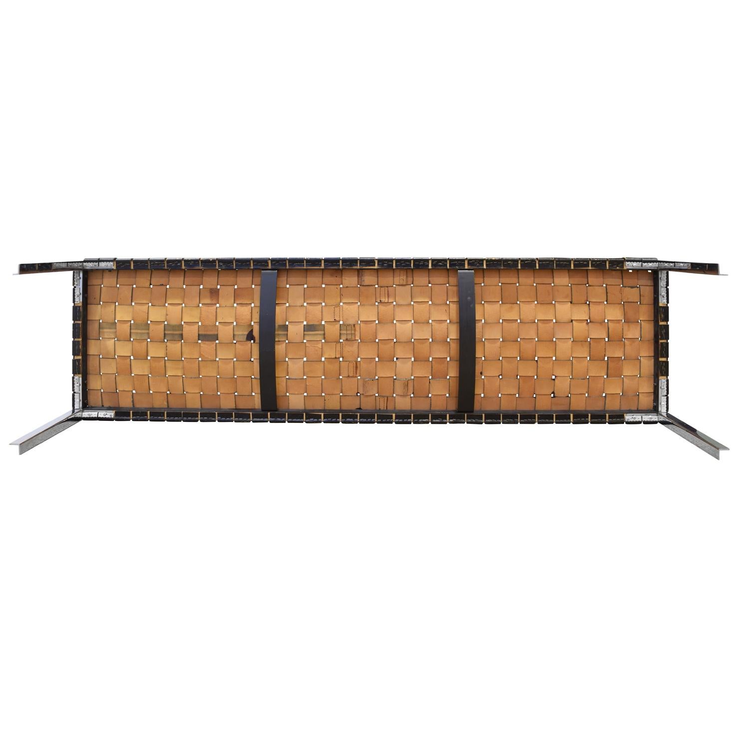 Hand-Crafted Erwine & Estelle Laverne Long Bench in Steel With Woven Leather Straps 1960s For Sale