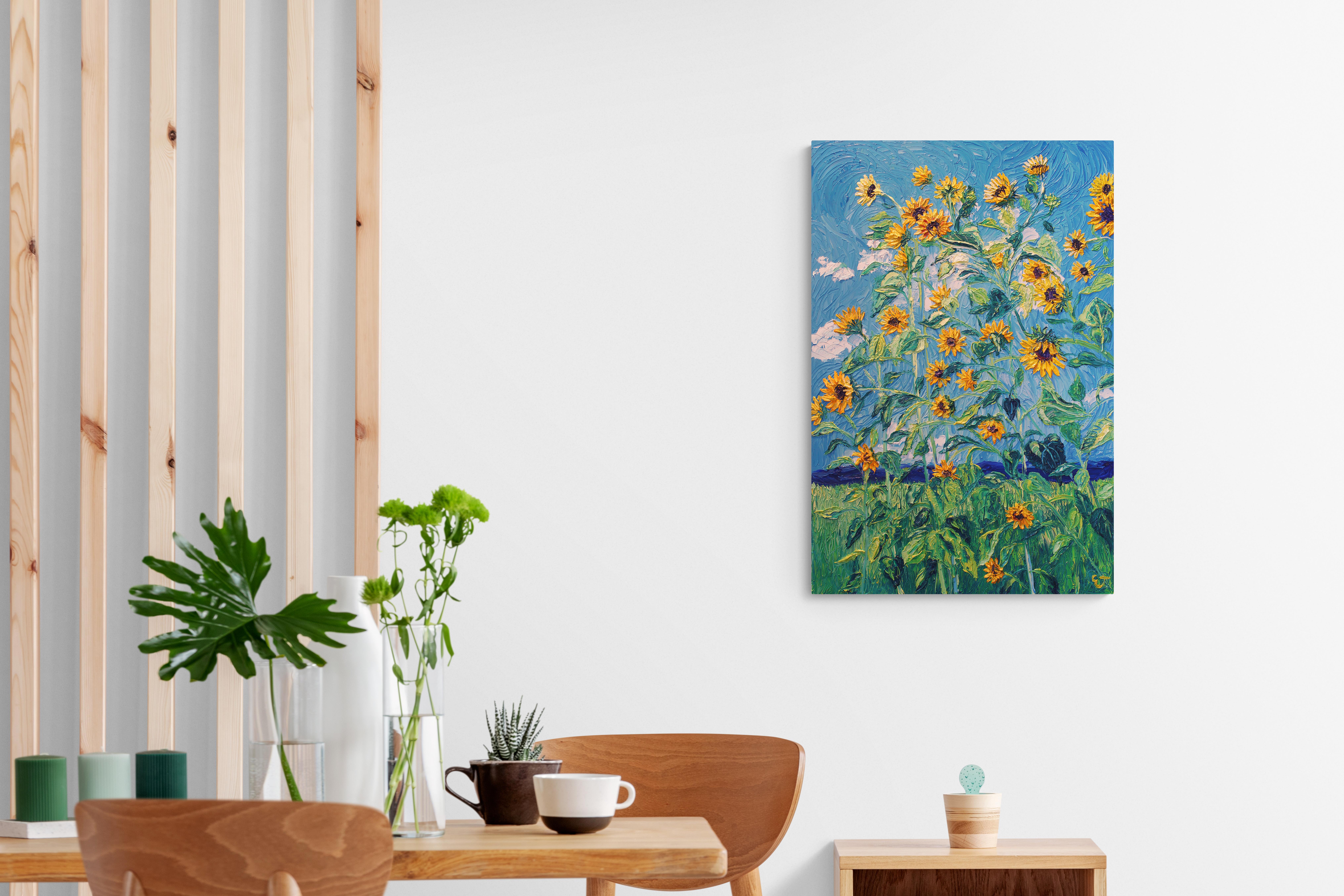 Reaching Higher, peinture originale contemporaine signée d'un paysage floral en empâtement - Bleu Still-Life Painting par Eryn Tehan