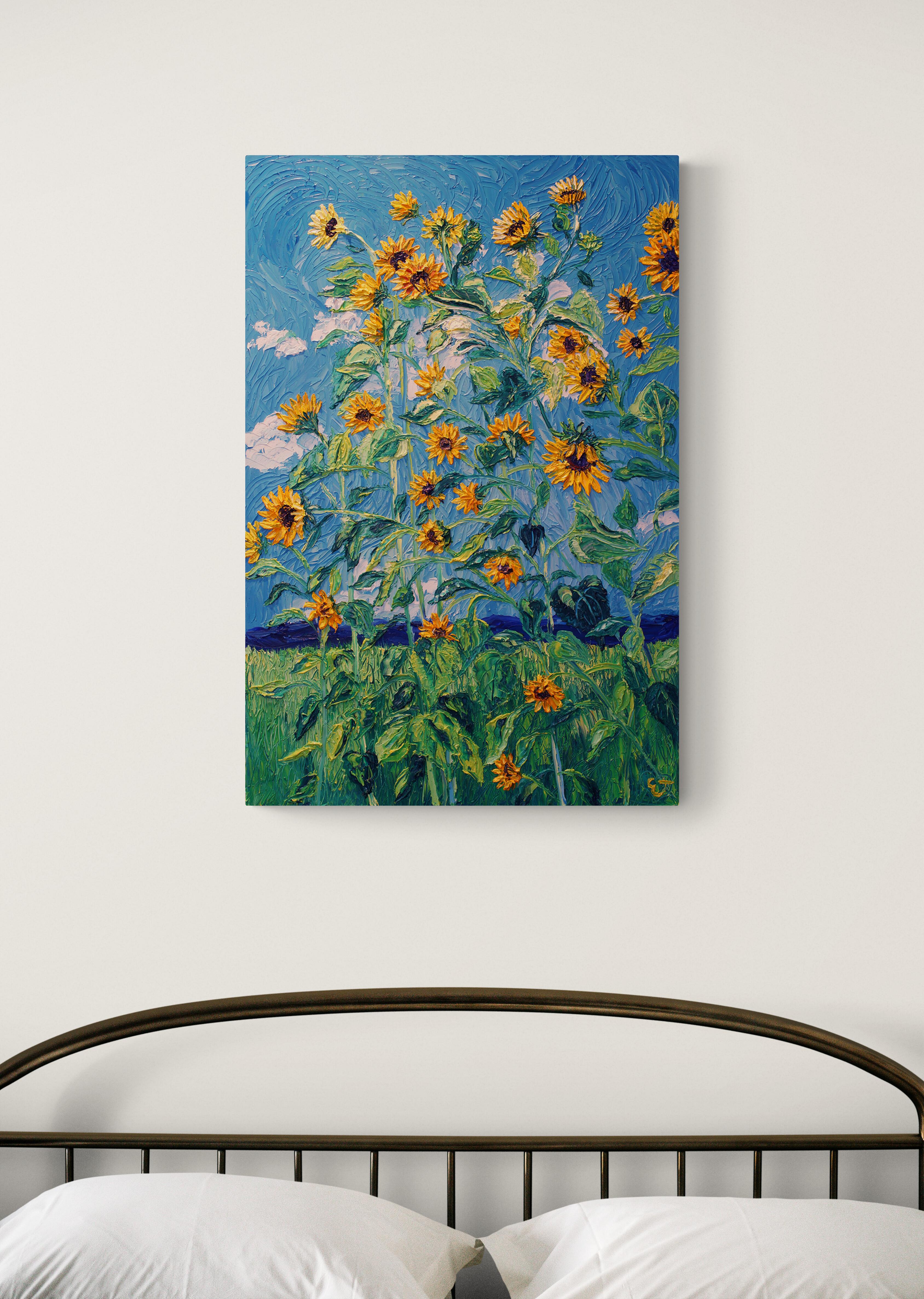 Reaching Higher, peinture originale contemporaine signée d'un paysage floral en empâtement
36