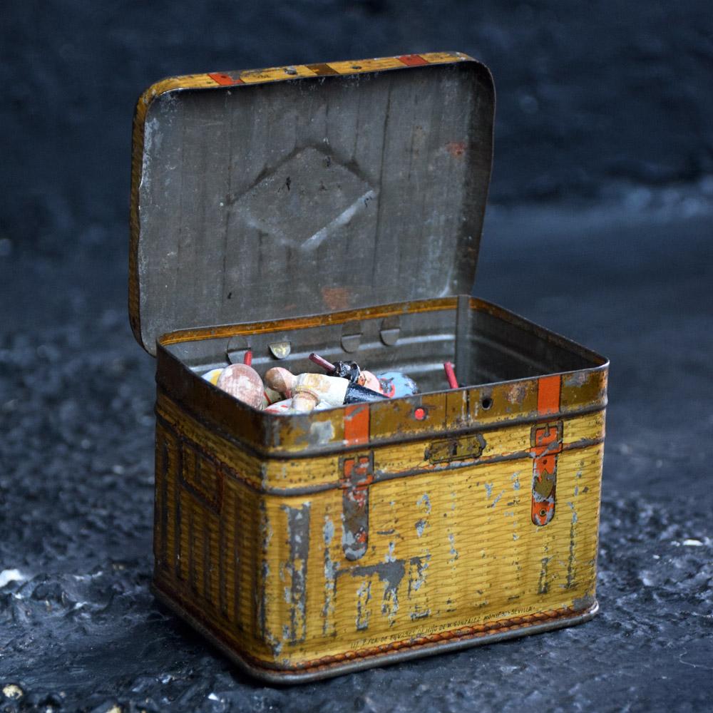Erzgebirge toy figures, circa 1930
A collection of hand carved early 20th century Erzgebirge toy figures. Encased in a toleware metal trunk this lovely collection of old German toys includes crocodiles, clowns, robots, nurses, waitresses, soldiers,